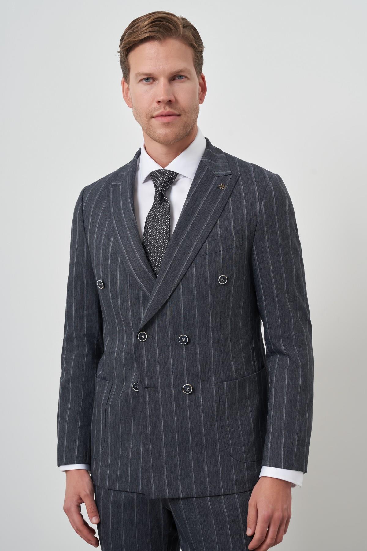 Morven Erkek Lacivert Tend Keten Kruvaze Slim  Fit Sivri Yaka Takım Elbise