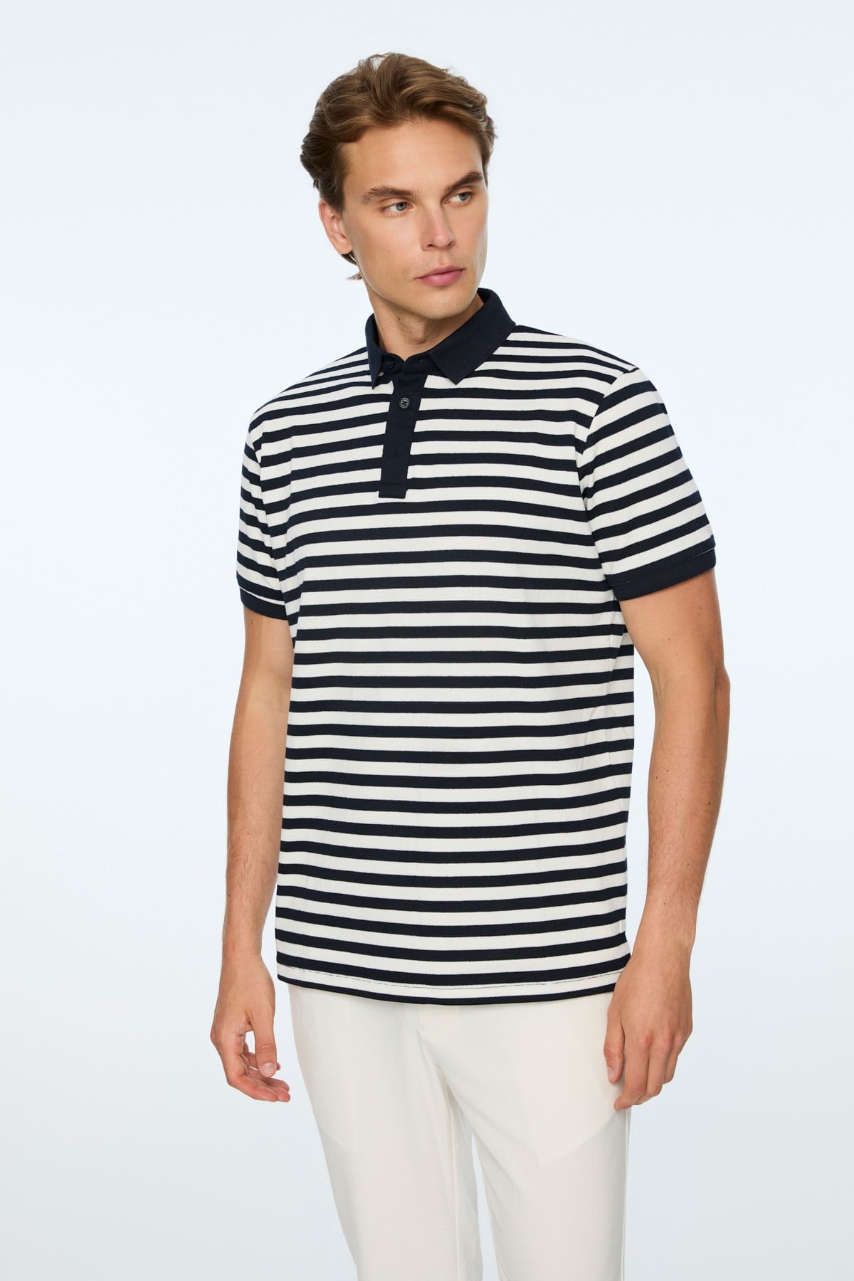 Morven Erkek Lacivert Trend Balık Sırtı Çizgili Polo Yaka Dinamik Fit Tshirt