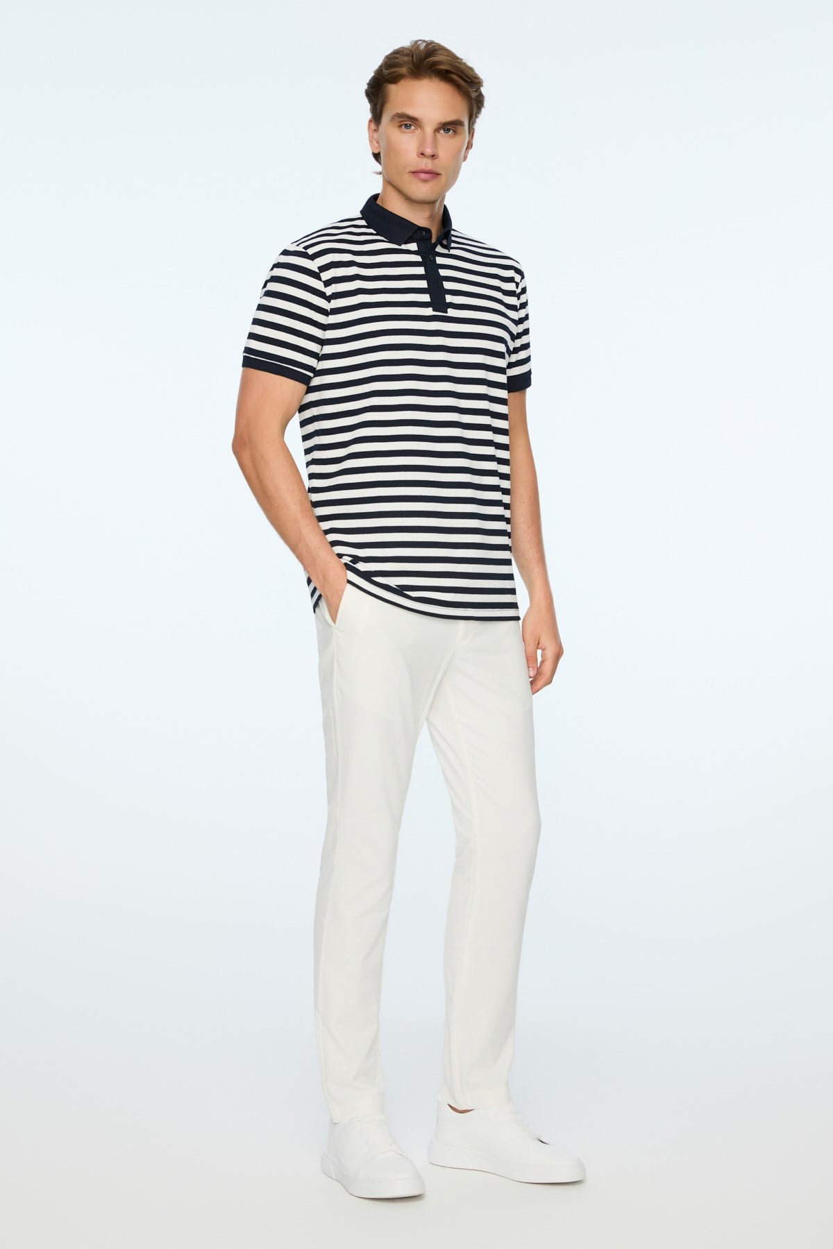 Morven Erkek Lacivert Trend Balık Sırtı Çizgili Polo Yaka Dinamik Fit Tshirt