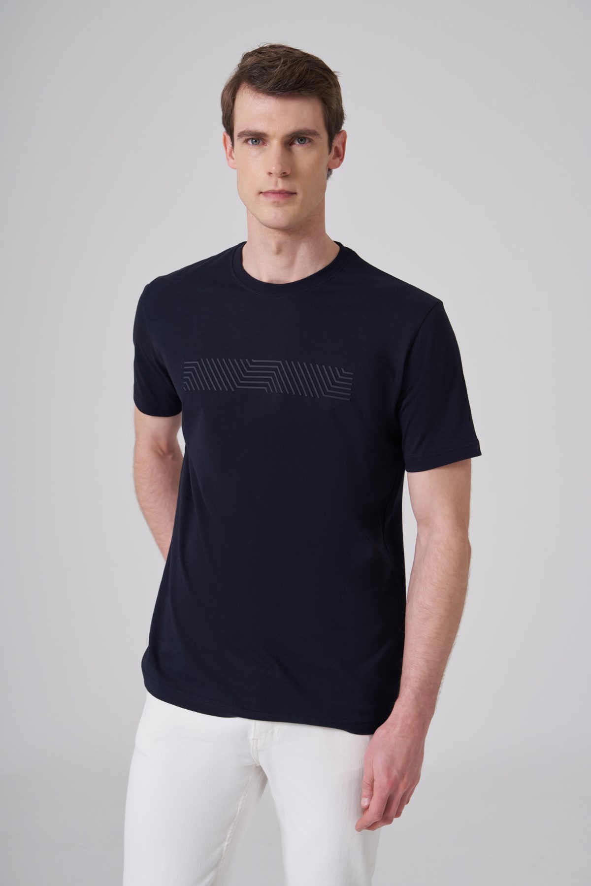 Morven Erkek Lacivert Trend Baskılı Bisiklet Yaka Dinamik Fit T-shirt
