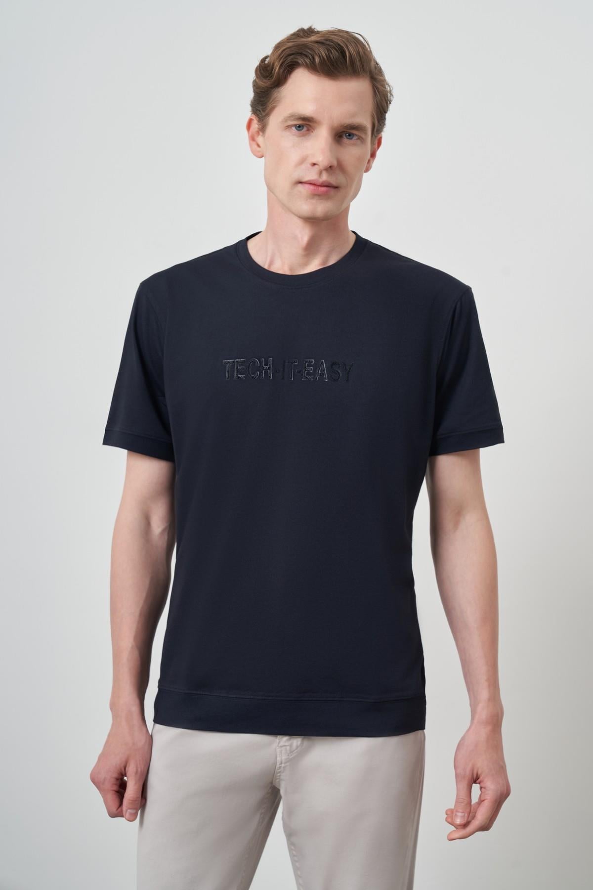 Morven Erkek Lacivert Trend Bisiklet Yaka Baskılı Tshirt