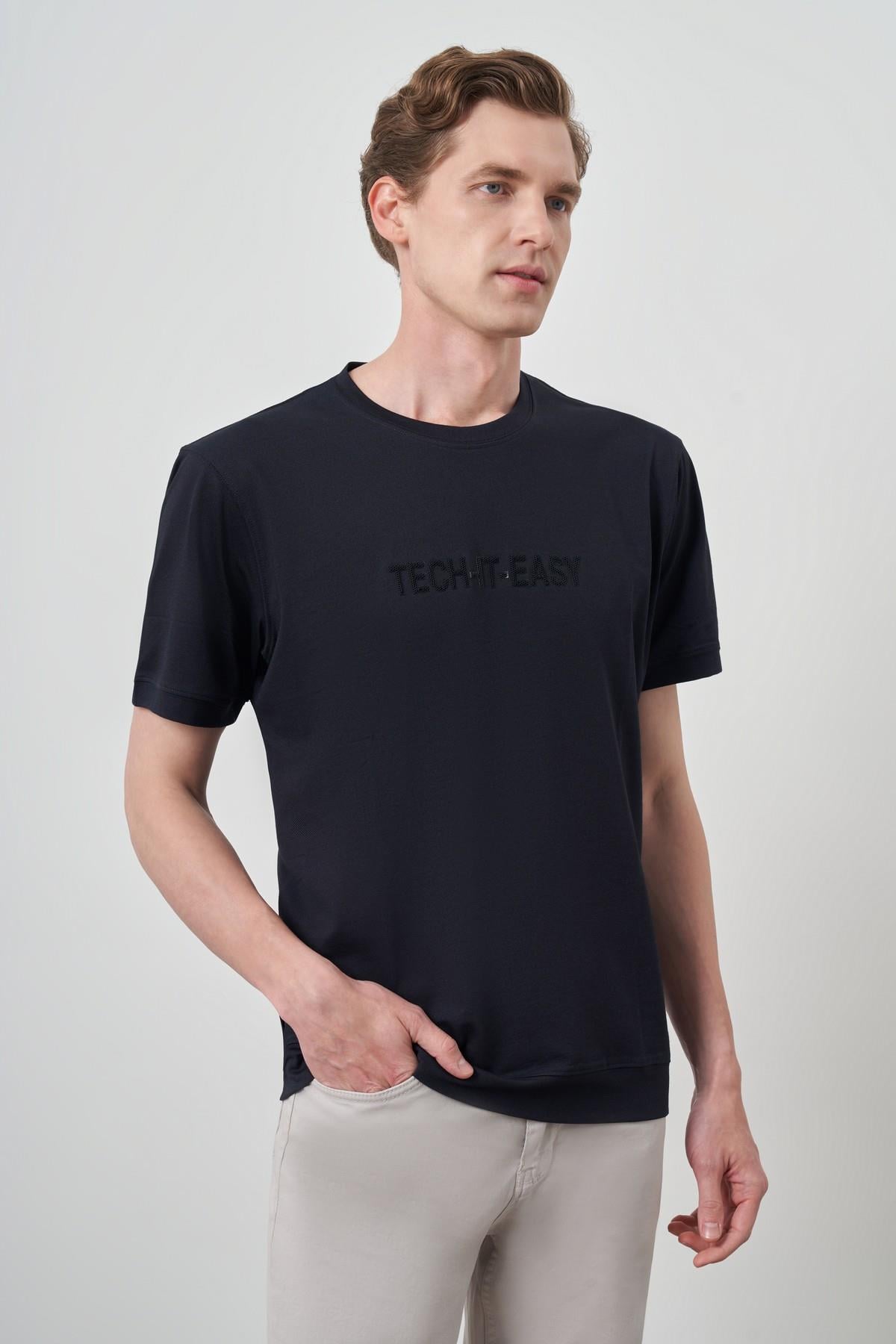 Morven Erkek Lacivert Trend Bisiklet Yaka Baskılı Tshirt