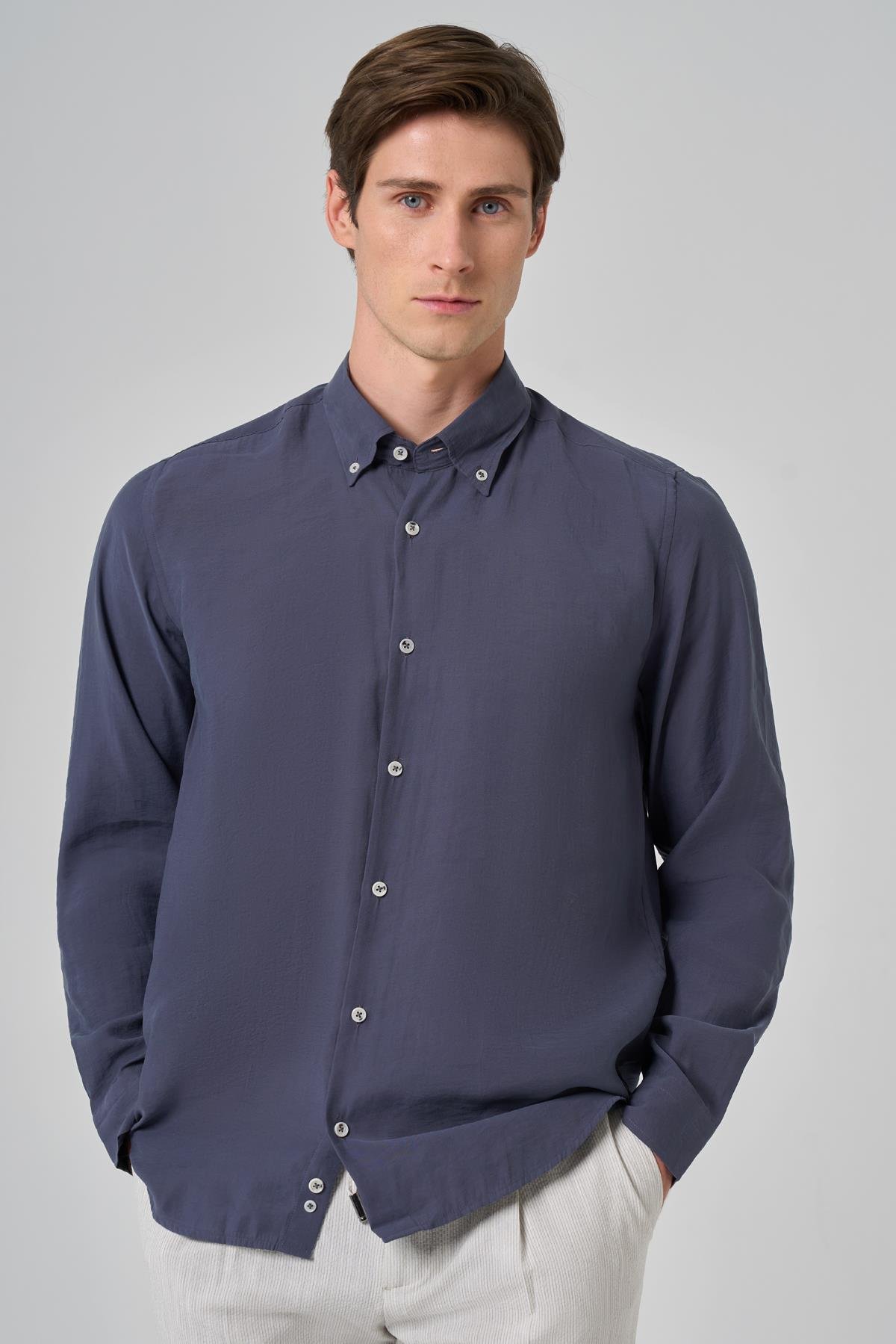Morven Erkek Lacivert Dynamic Fit Düğmeli Yaka Modal Gömlek