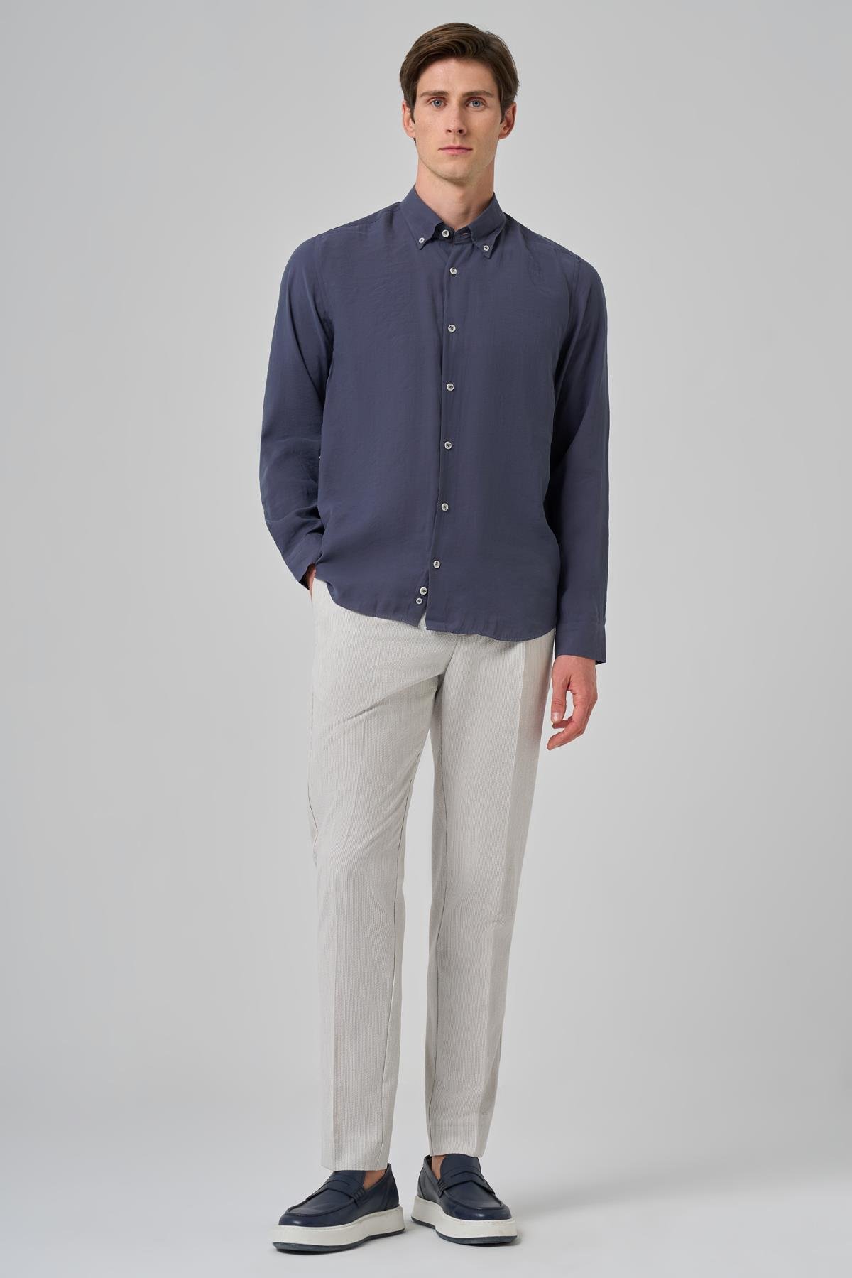 Morven Erkek Lacivert Dynamic Fit Düğmeli Yaka Modal Gömlek