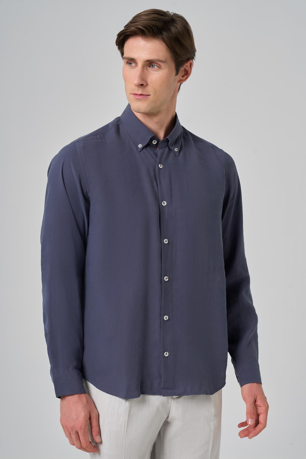 Morven Erkek Lacivert Dynamic Fit Düğmeli Yaka Modal Gömlek