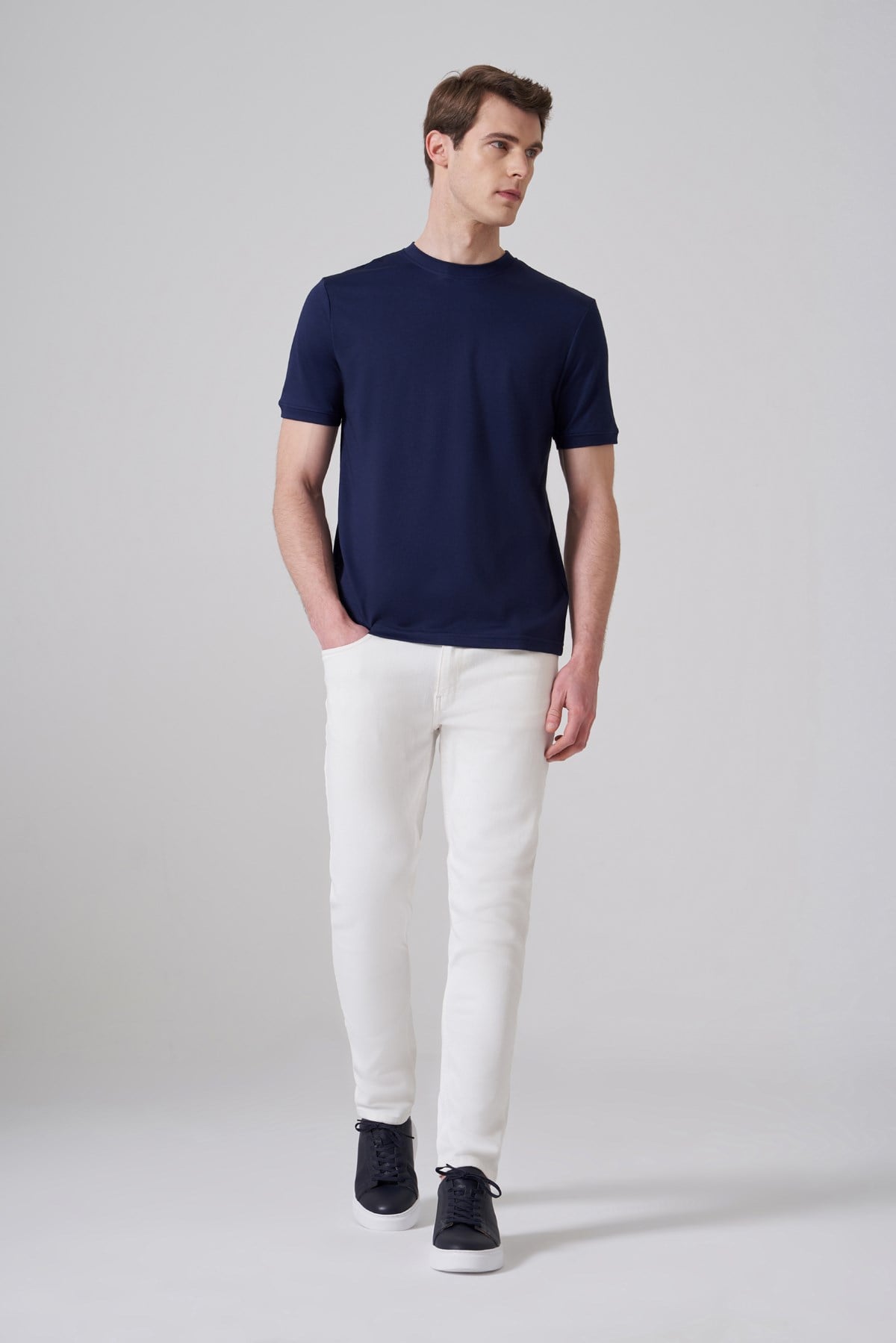 Morven Erkek Lacivert Trend Düz Penye  Bisiklet Yaka Tshirt