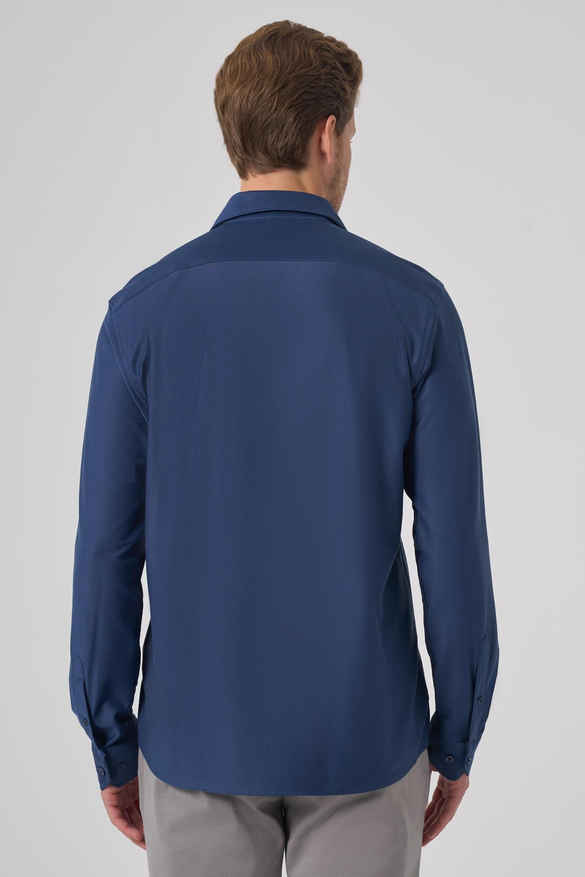 Morven Erkek Lacivert Trend Düz Slim Fit Tam İtalyan Yaka Gömlek