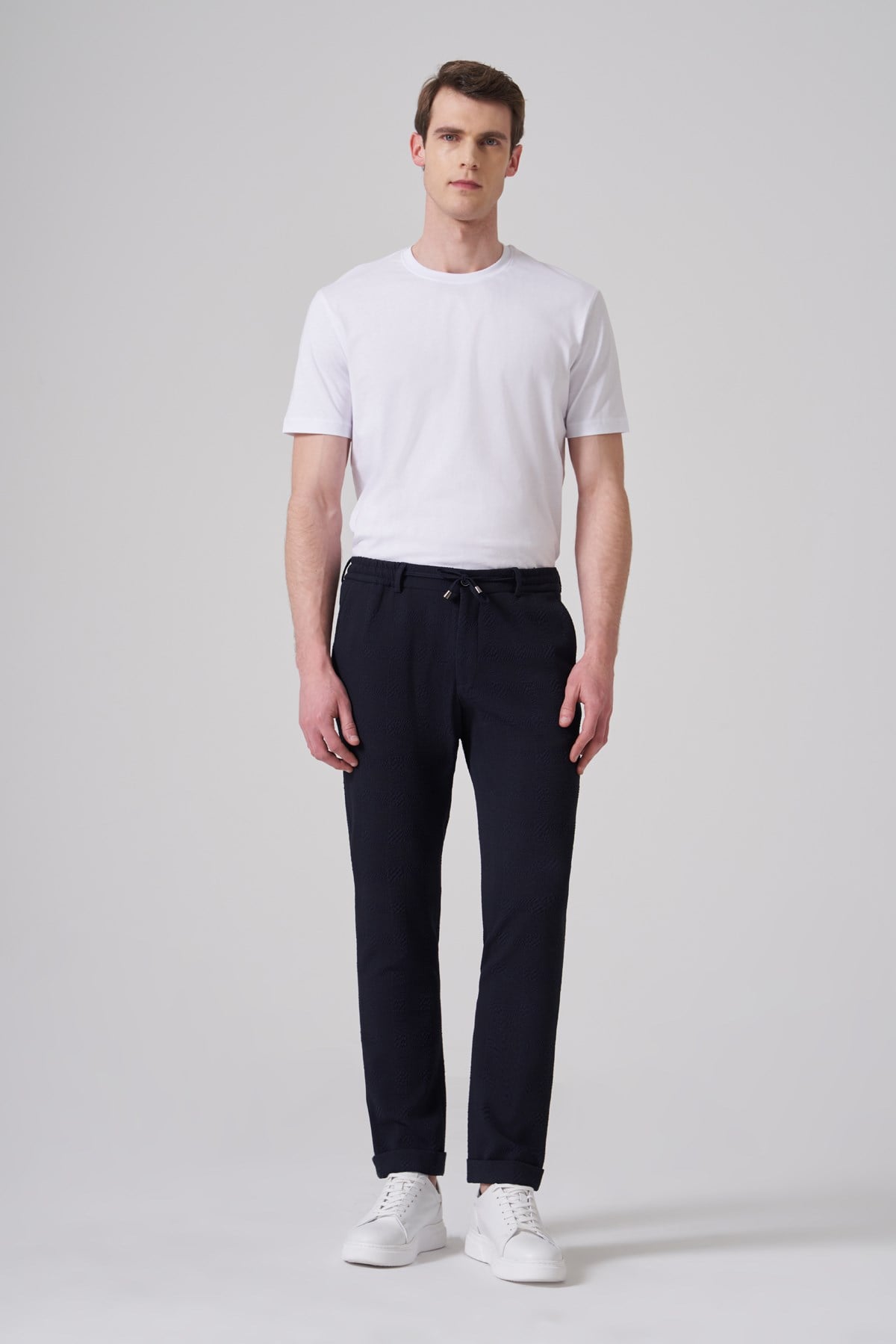 Morven Erkek Lacivert Trend Ekose Lastikli İpli Slim Fit Pantolon