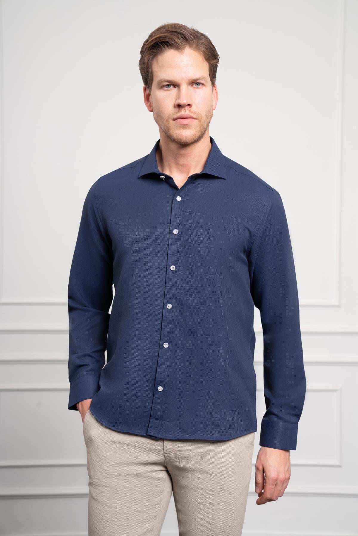 Morven Erkek Lacivert Trend İtalyan Yaka  Slim Fit Dar Kesim Gömlek