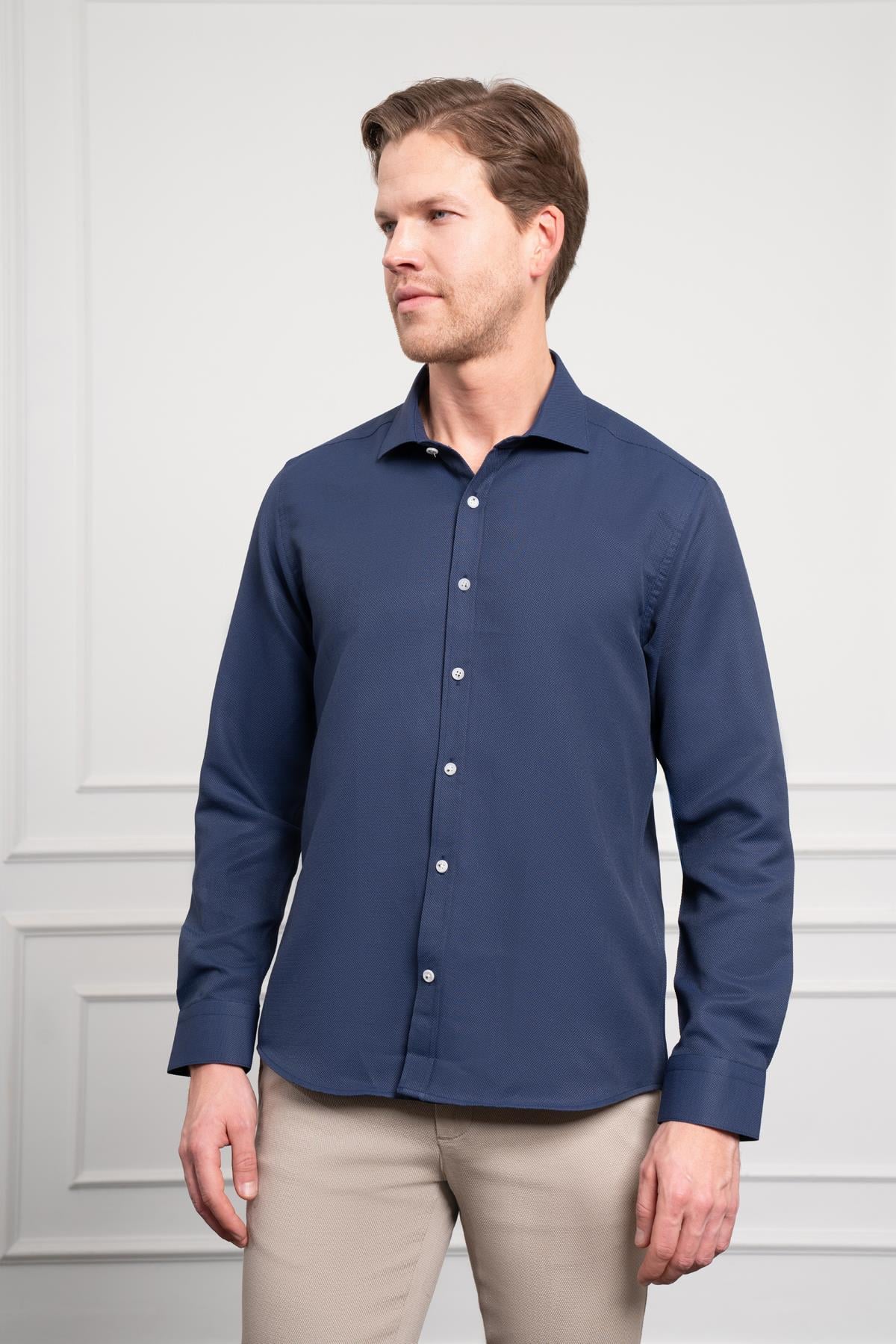 Morven Erkek Lacivert Trend İtalyan Yaka  Slim Fit Dar Kesim Gömlek