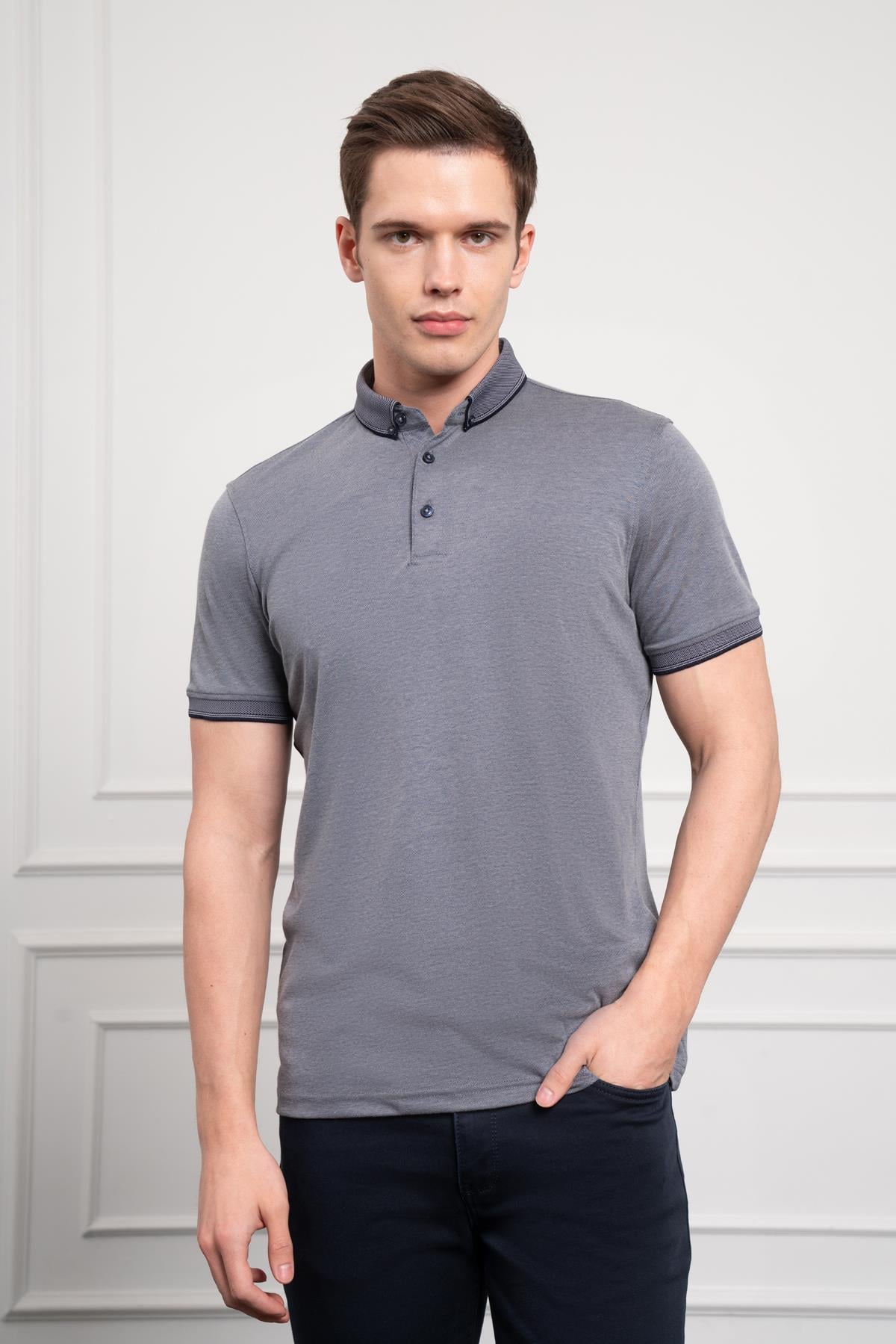 Morven Erkek Lacivert Trend Merserize Düz Düğmeli Yaka Dynamic Fit T-Shirt