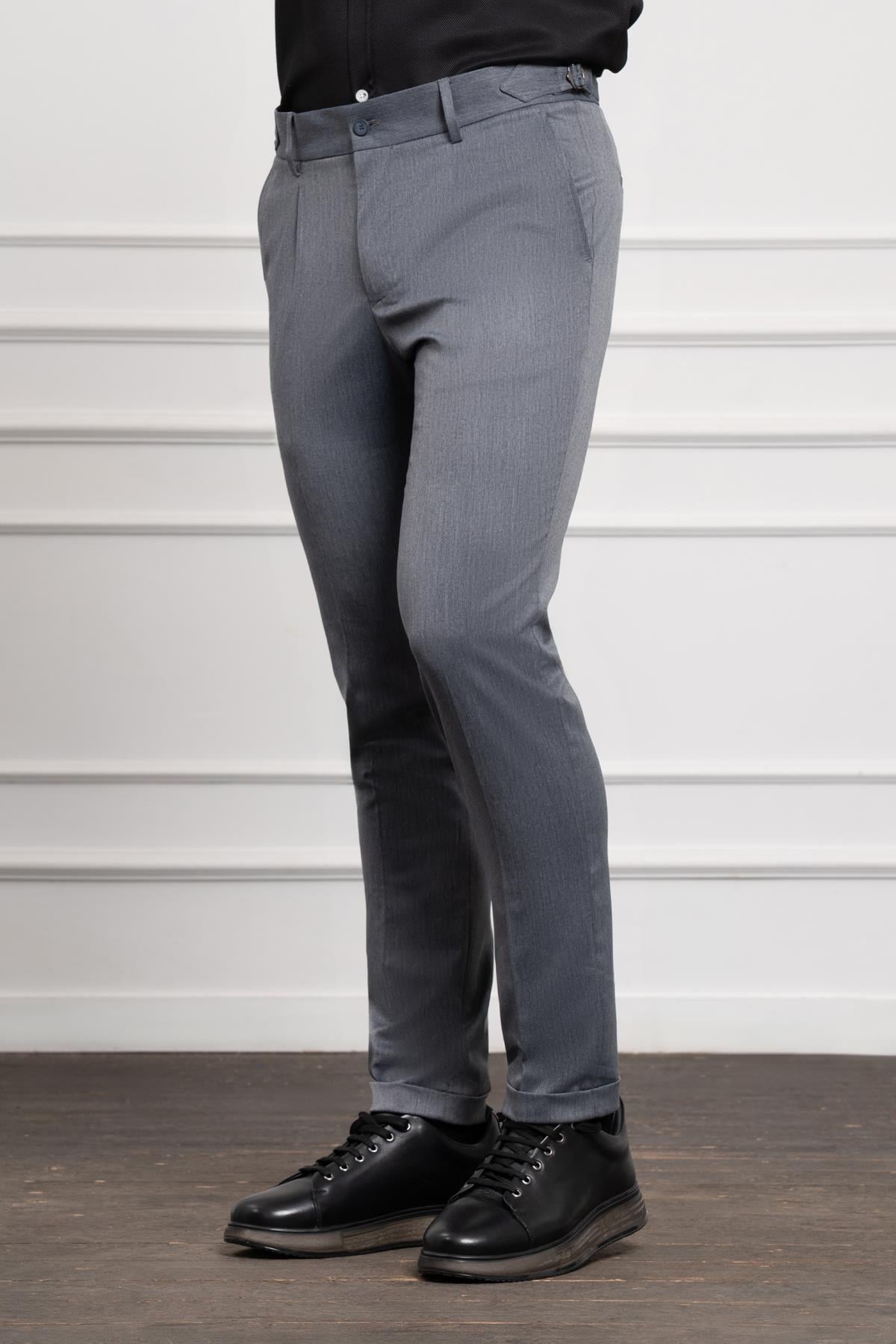 Morven Erkek Lacivert Trend Slim Fit Dar Kesim Pileli Pantolon