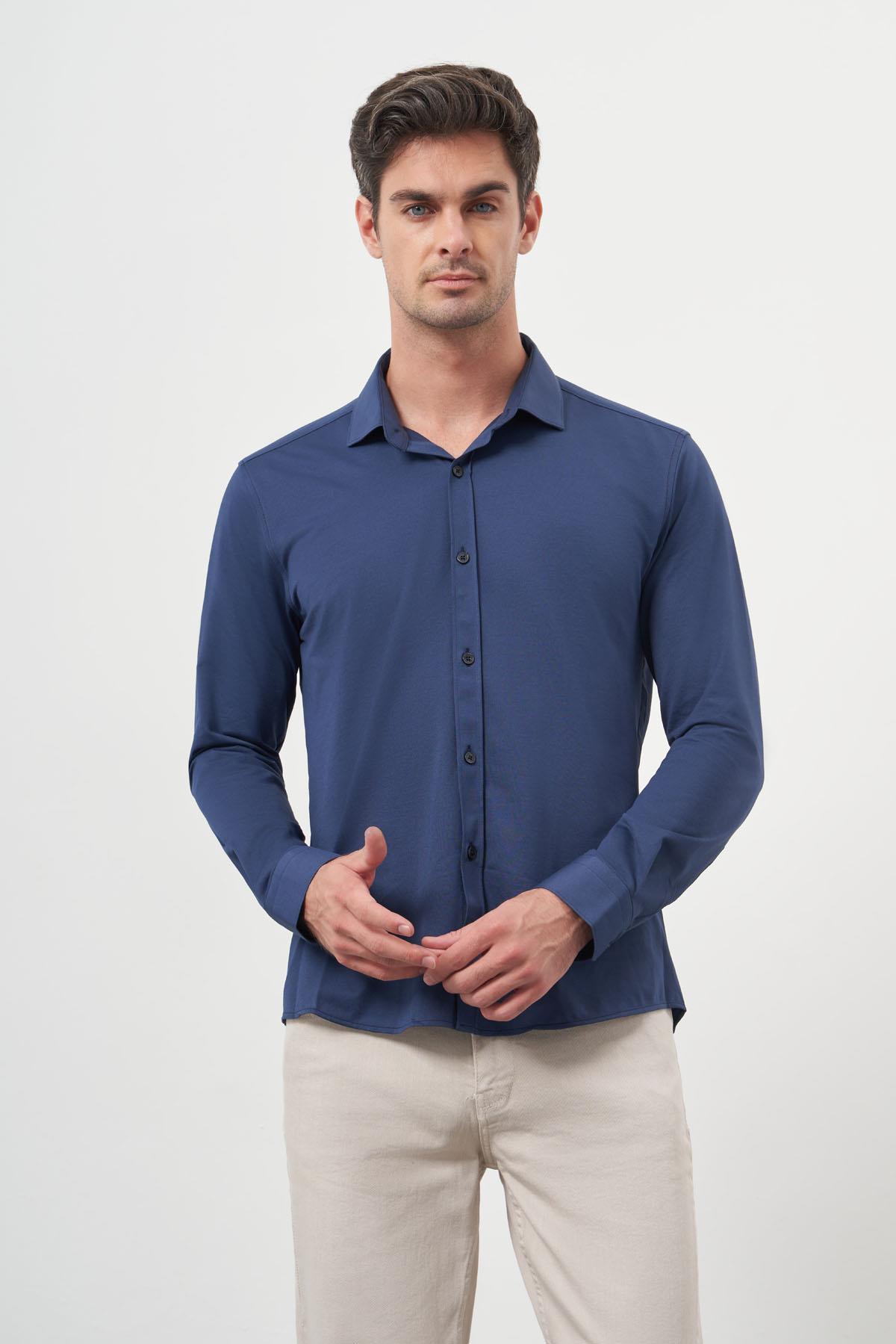 Morven Erkek Lacivert Trend Slim Fit İtalyan Yaka Gömlek