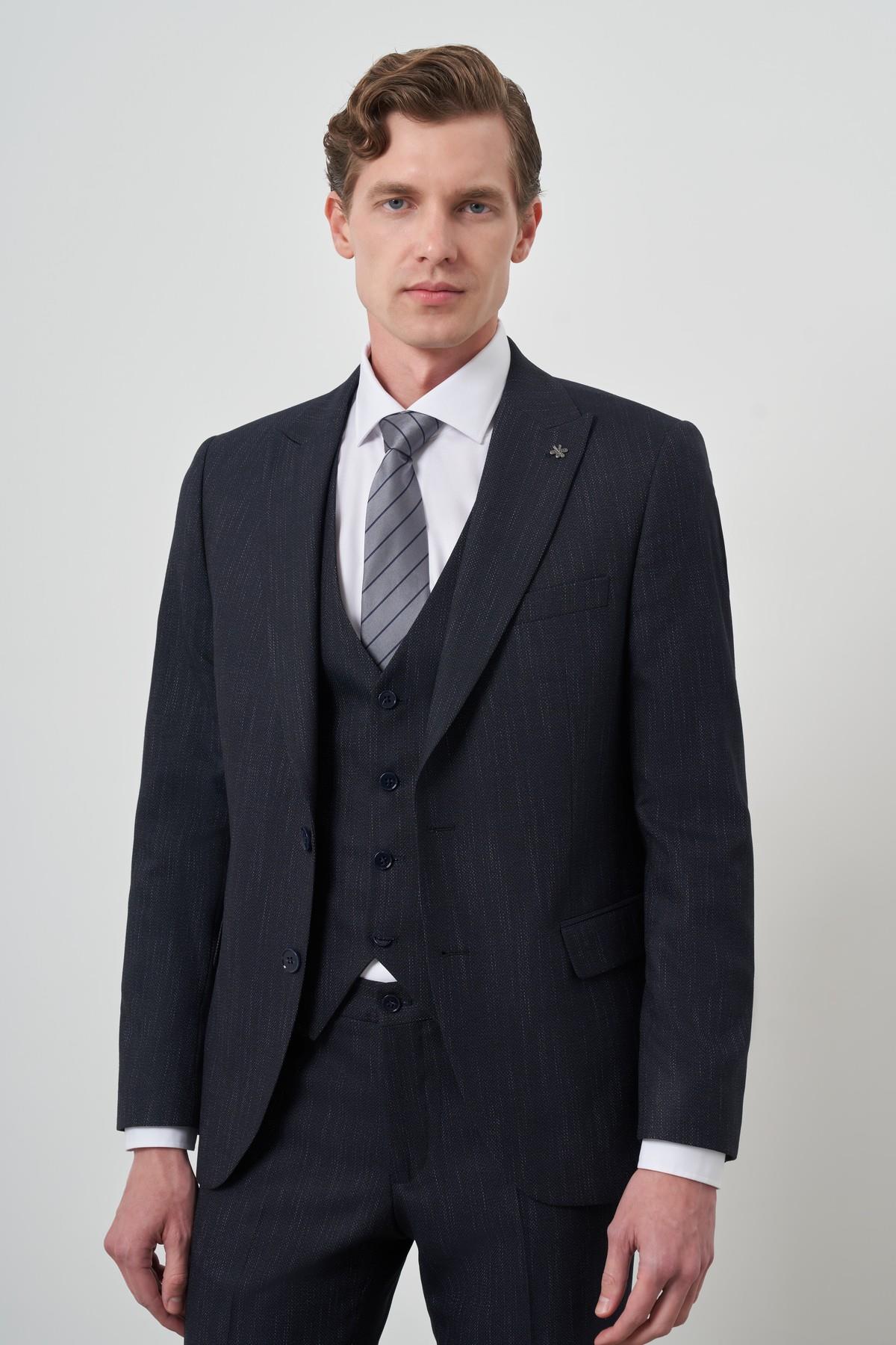 Morven Erkek Lacivert Trend Yelekli Slim Fit  Sivri Yaka Takım Elbise