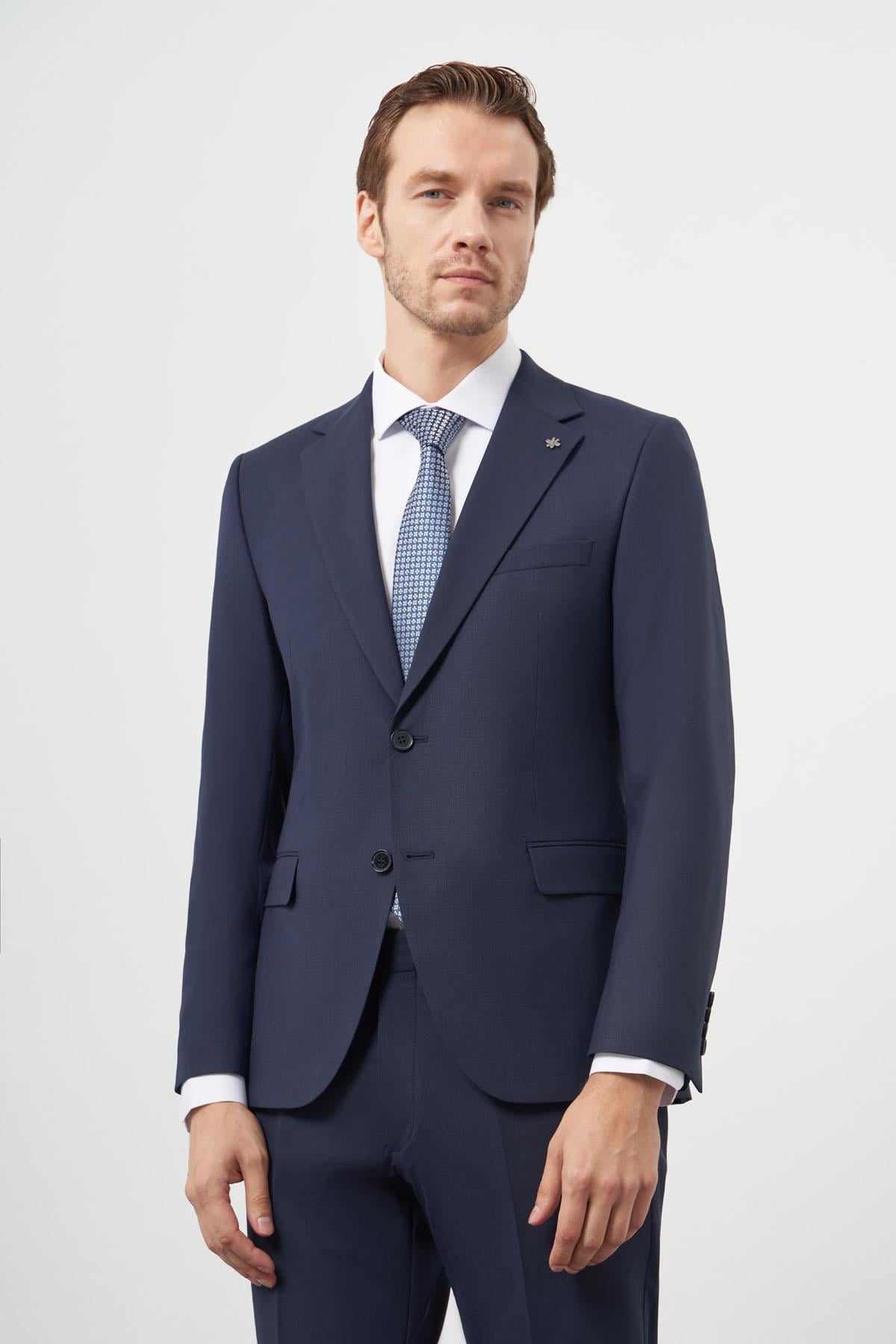 Morven Erkek Lacivert Yün Slim Fit Mono Yaka Takım Elbise