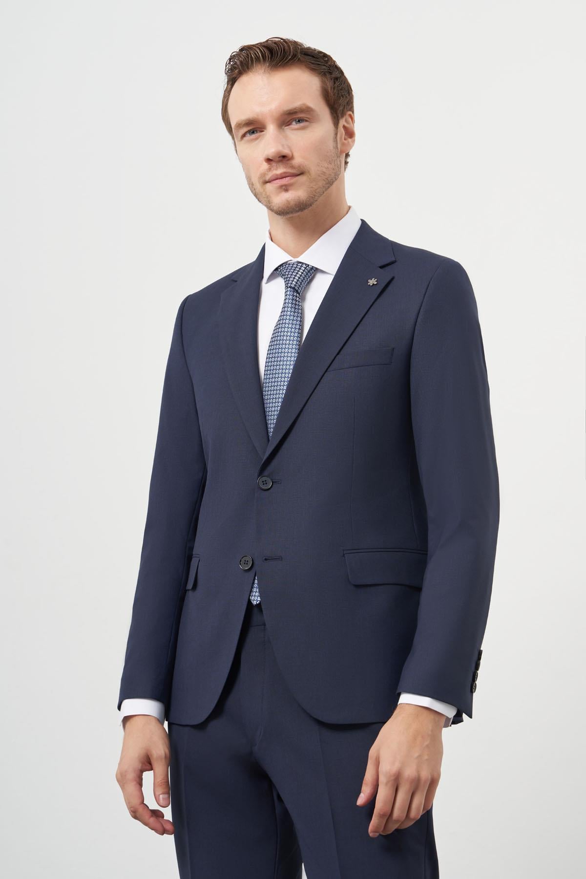 Morven Erkek Lacivert Yün Slim Fit Mono Yaka Takım Elbise