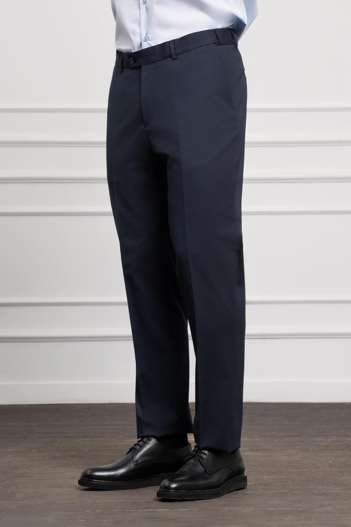 Morven Erkek Lacivert Yünlü Basic Dynamic Fit Rahat Kesim Classic Pantolon