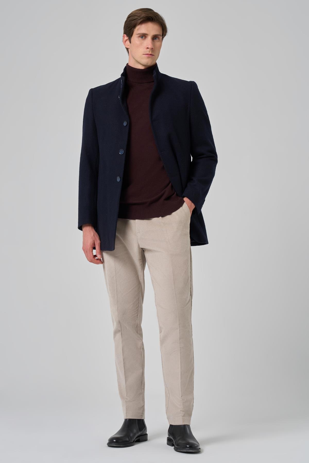 Morven Erkek Lacivert Yünlü Düz Dynamic Fit Hakim Yaka Kaban