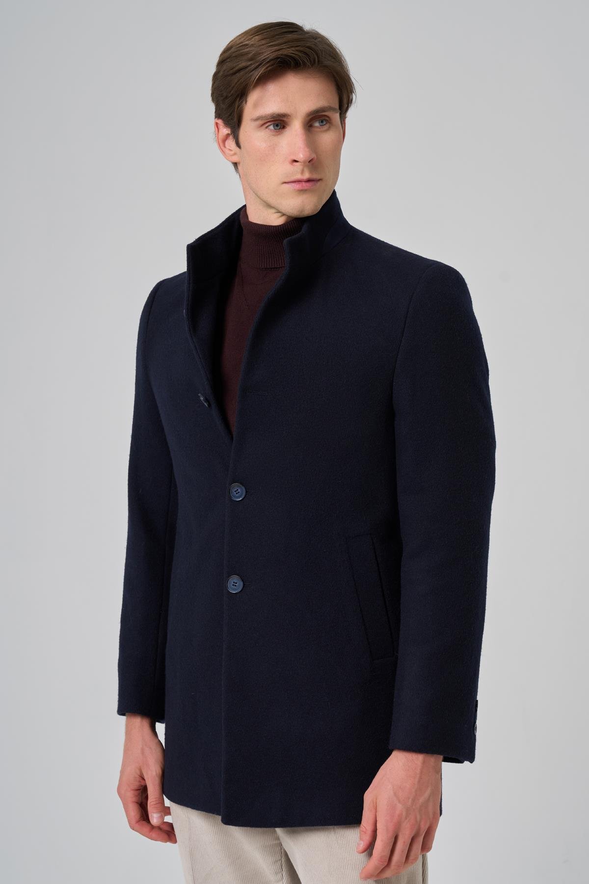 Morven Erkek Lacivert Yünlü Düz Dynamic Fit Hakim Yaka Kaban