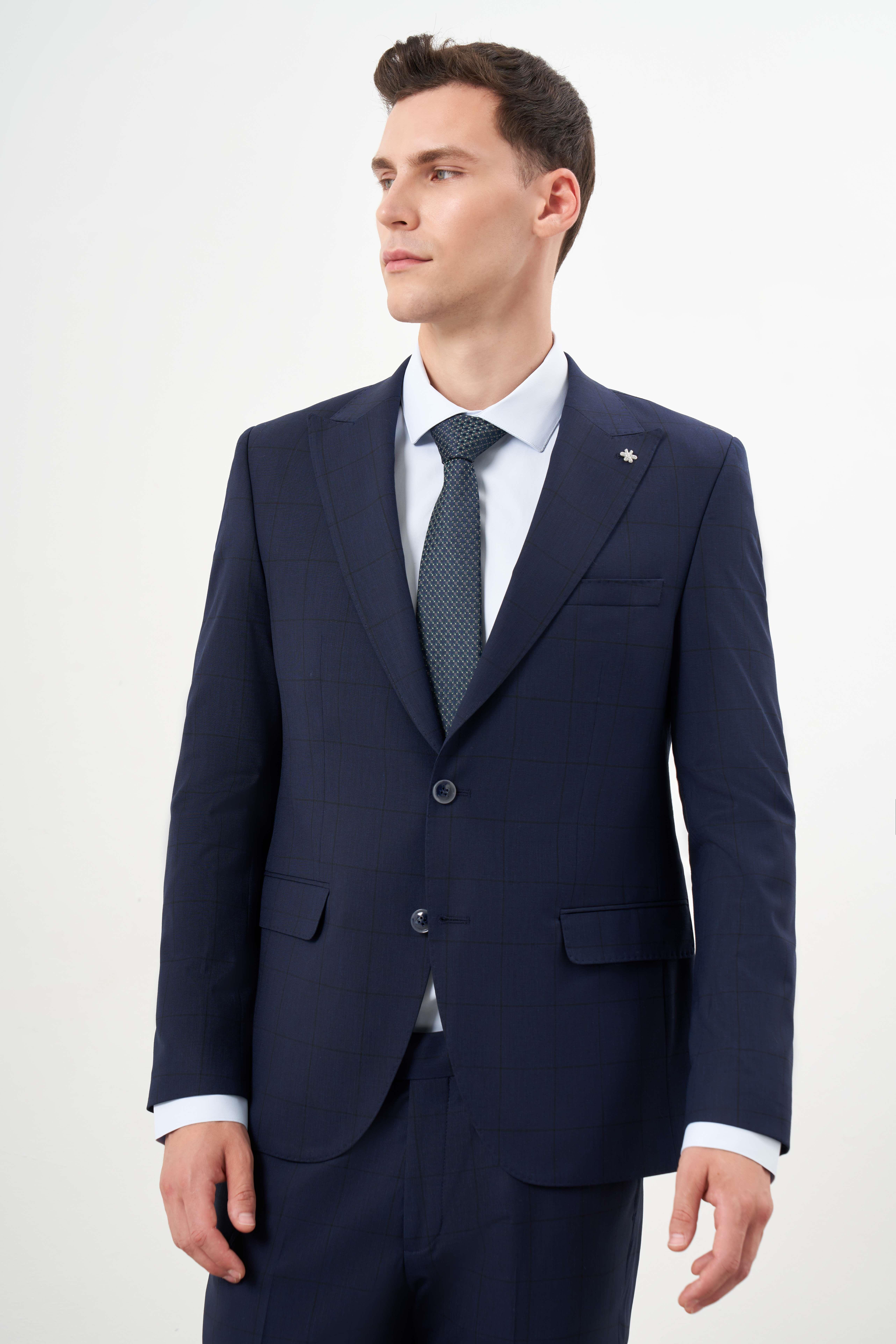 Morven Erkek Lacivert Yünlü Platinium Ekoseli Slim Fit Mono Yaka Takım Elbise