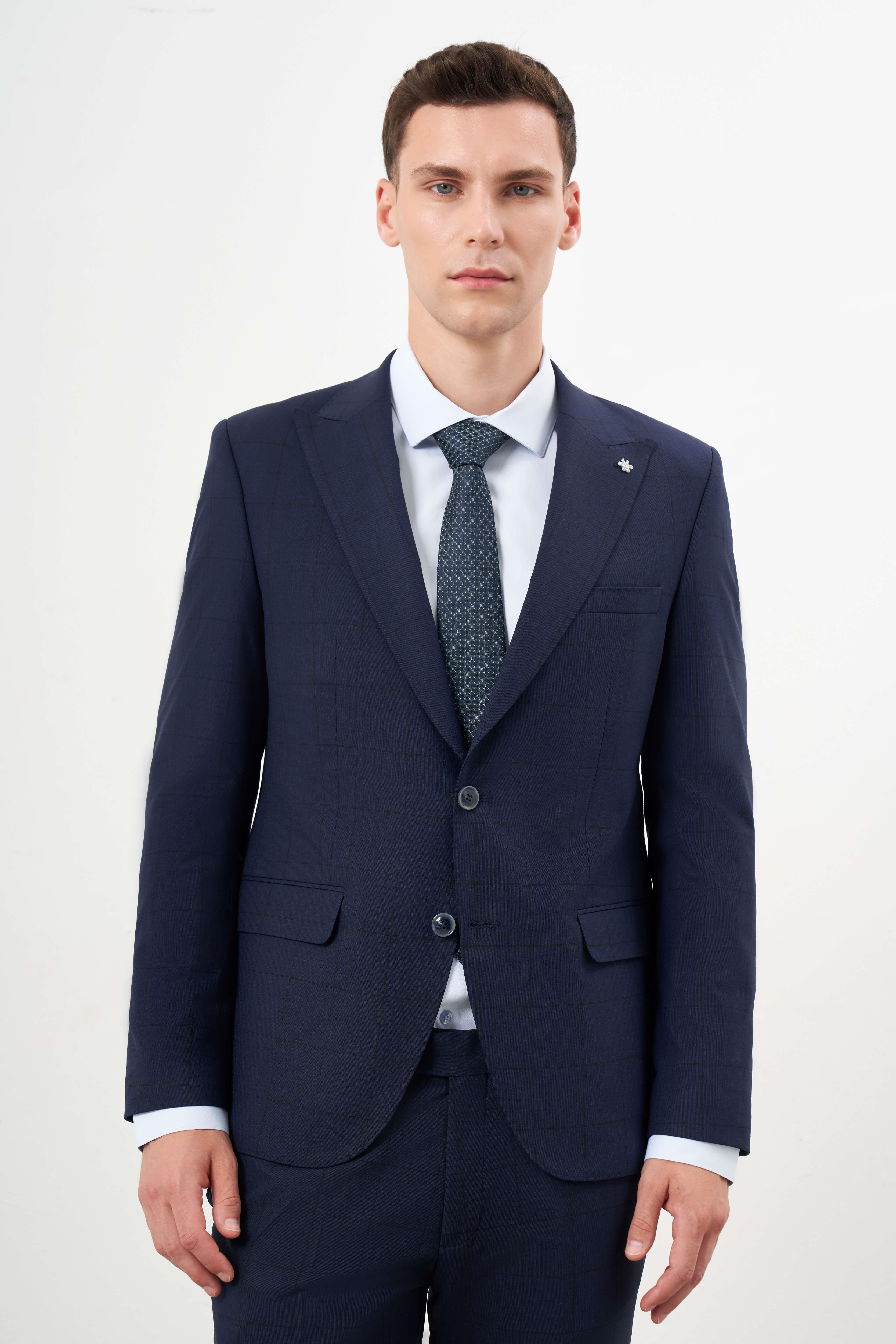 Morven Erkek Lacivert Yünlü Platinium Ekoseli Slim Fit Mono Yaka Takım Elbise