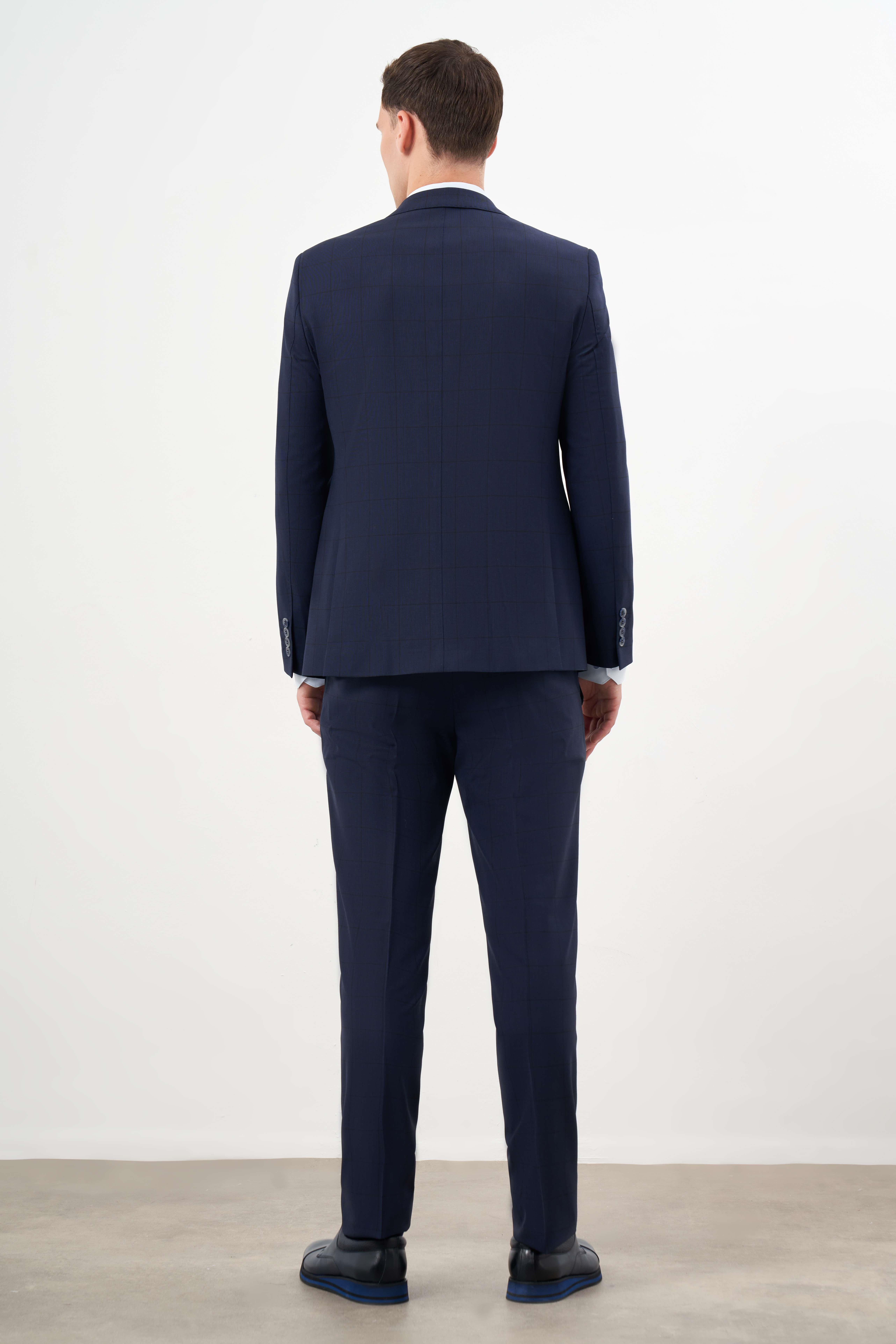 Morven Erkek Lacivert Yünlü Platinium Ekoseli Slim Fit Mono Yaka Takım Elbise