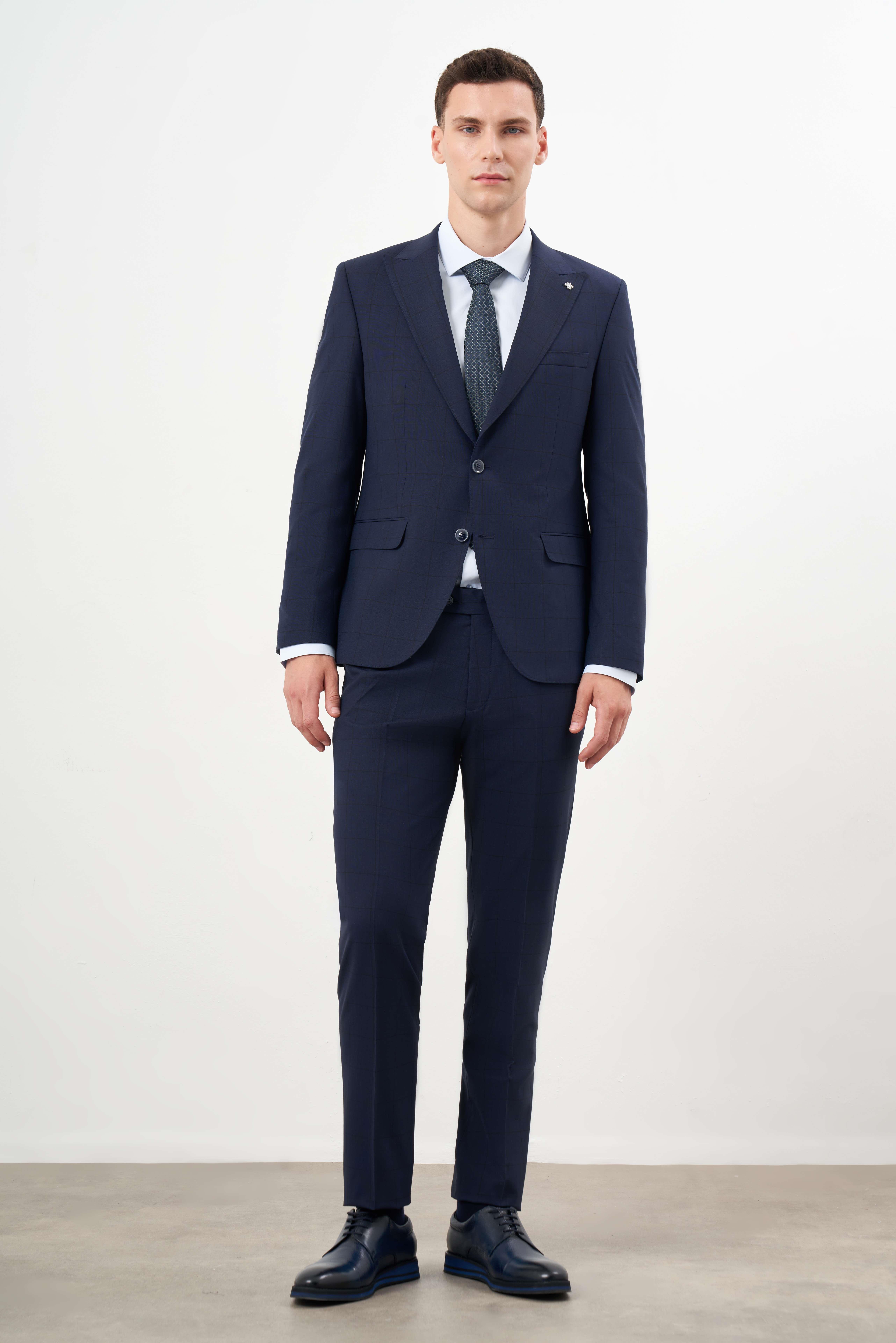 Morven Erkek Lacivert Yünlü Platinium Ekoseli Slim Fit Mono Yaka Takım Elbise