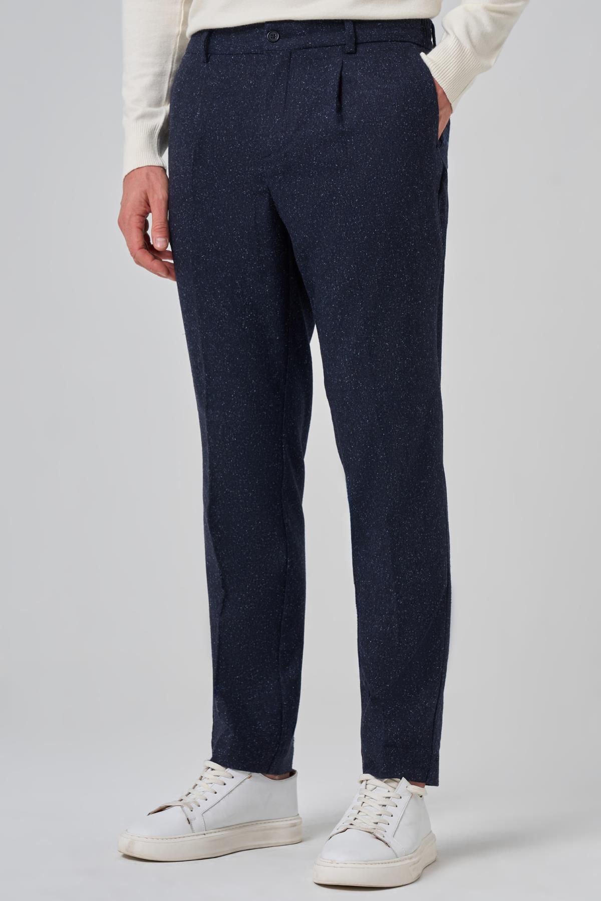 Morven Erkek Lacivert Yünlü Trend Desenli Slim Fit Pantolon