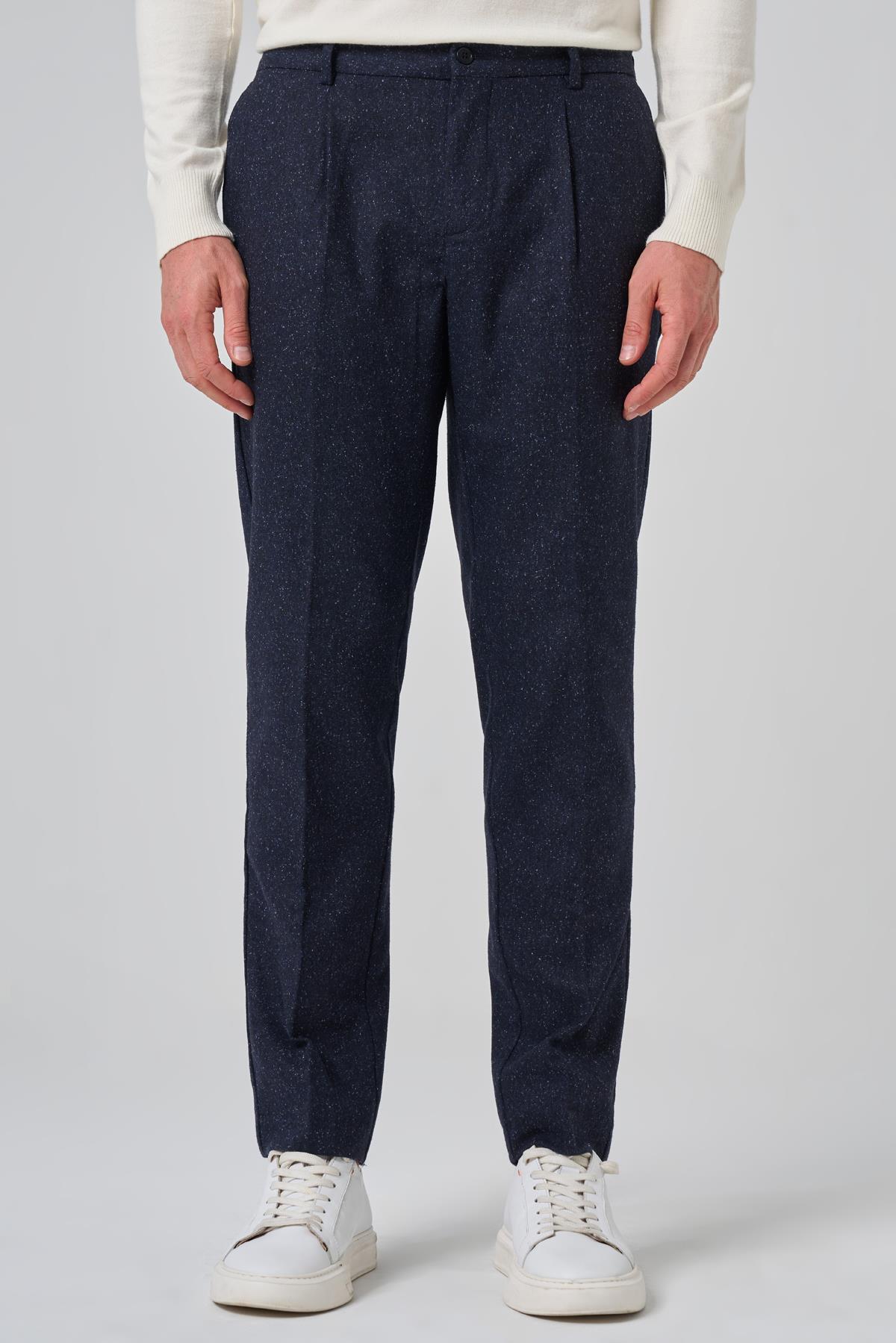 Morven Erkek Lacivert Yünlü Trend Desenli Slim Fit Pantolon