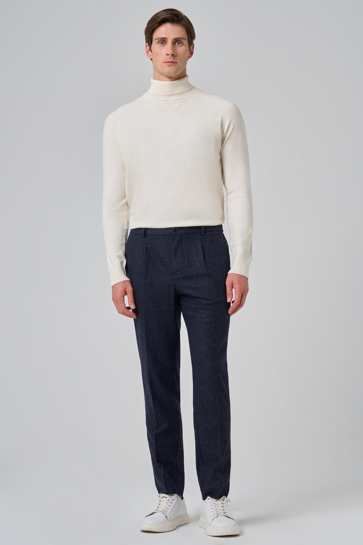 Morven Erkek Lacivert Yünlü Trend Desenli Slim Fit Pantolon