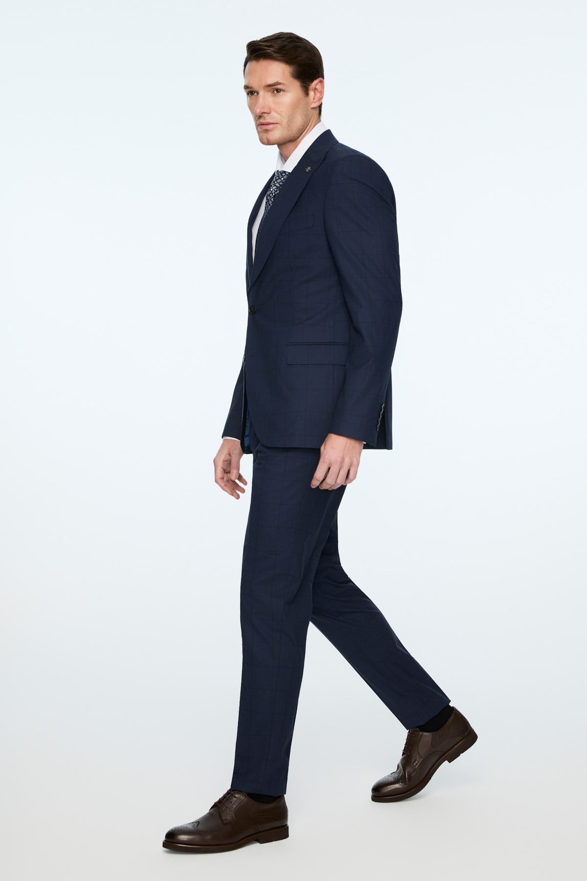 Morven Erkek Lacivert Yünlü Trend Ekose Slim Fit Mono Yaka Takım Elbise