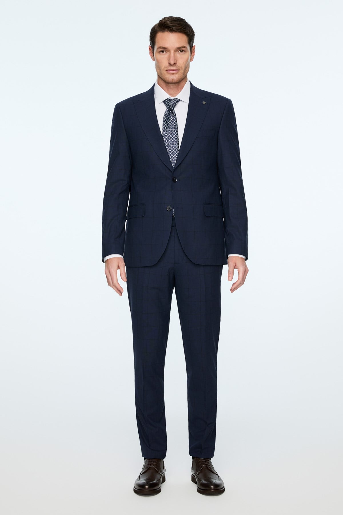 Morven Erkek Lacivert Yünlü Trend Ekose Slim Fit Mono Yaka Takım Elbise