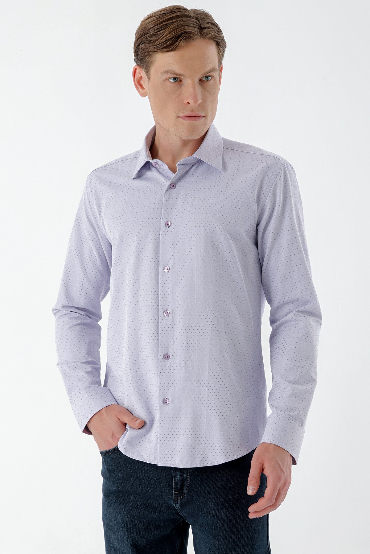 Morven Erkek Lila Dobby Armür Slim Fit Gömlek