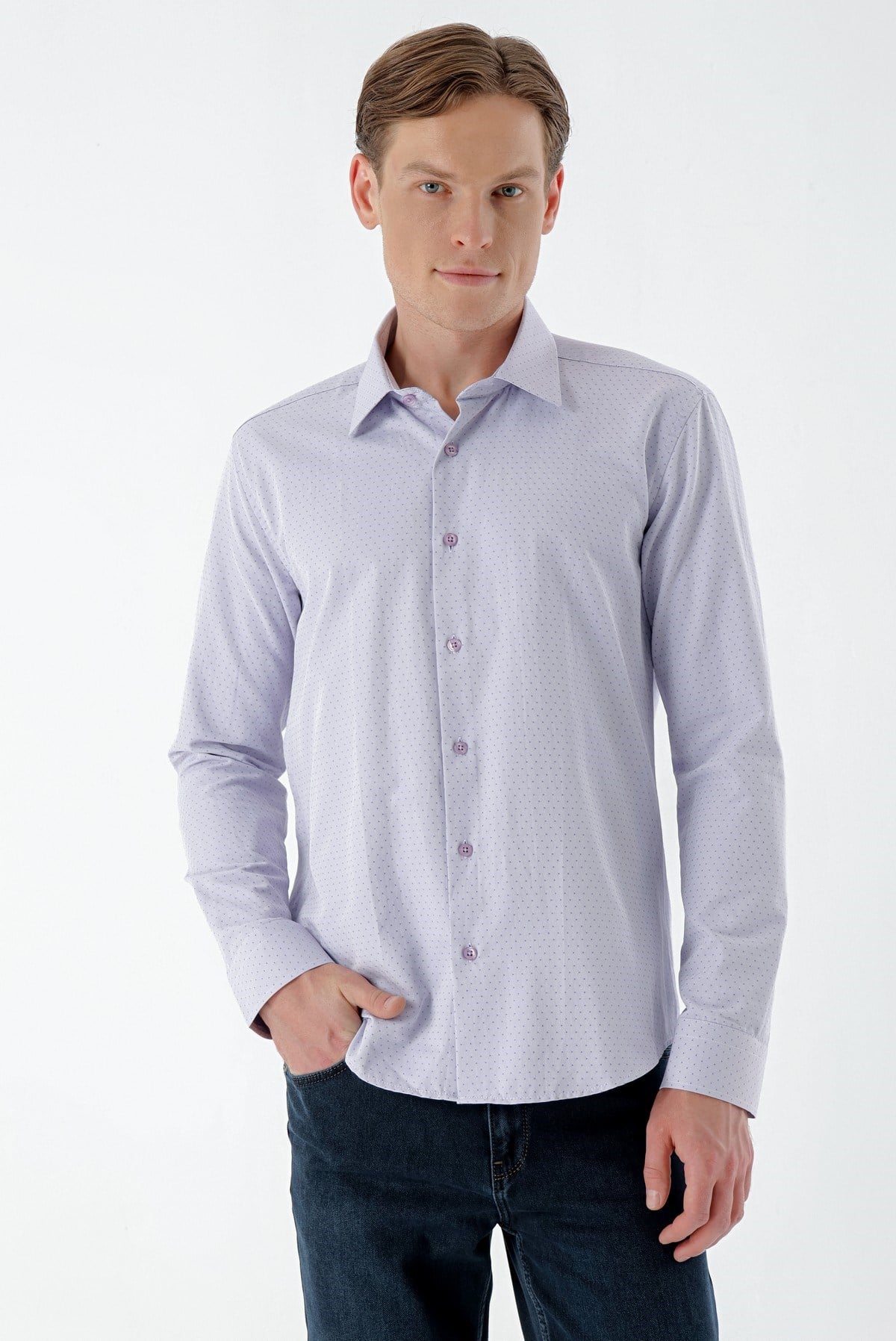 Morven Erkek Lila Dobby Armür Slim Fit Gömlek
