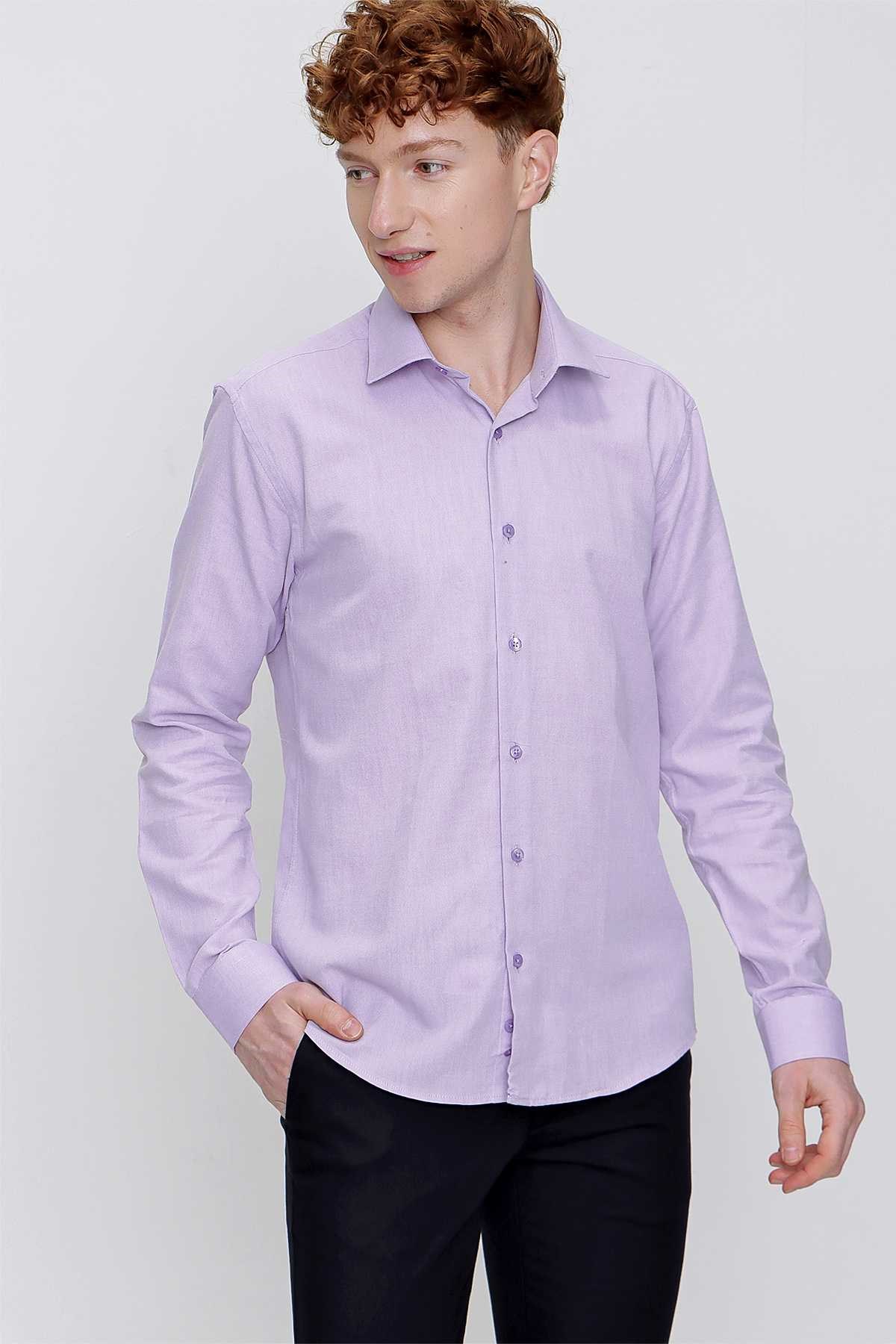 Morven Erkek Lila Pamuklu Oxford Düz Slim Fit Dar Kesim Pensli Gömlek