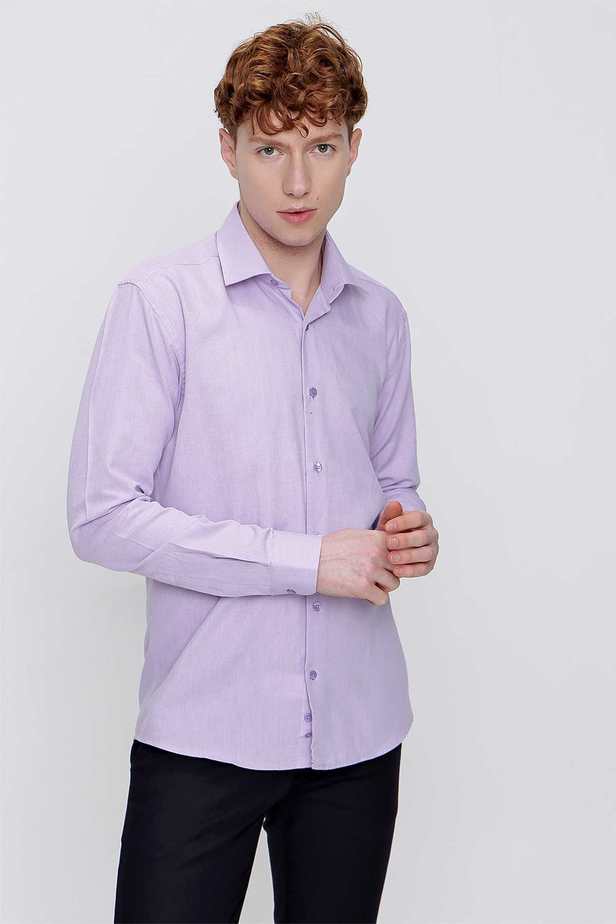 Morven Erkek Lila Pamuklu Oxford Düz Slim Fit Dar Kesim Pensli Gömlek