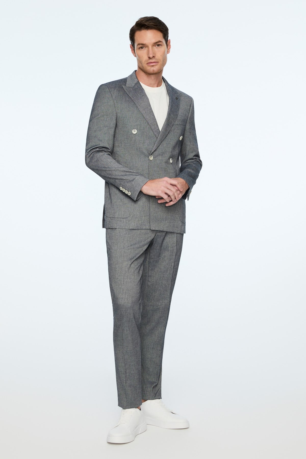 Morven Erkek Marine Keten Trend Desenli Slim Fit Sivri Yaka Kruvaze Takım Elbise