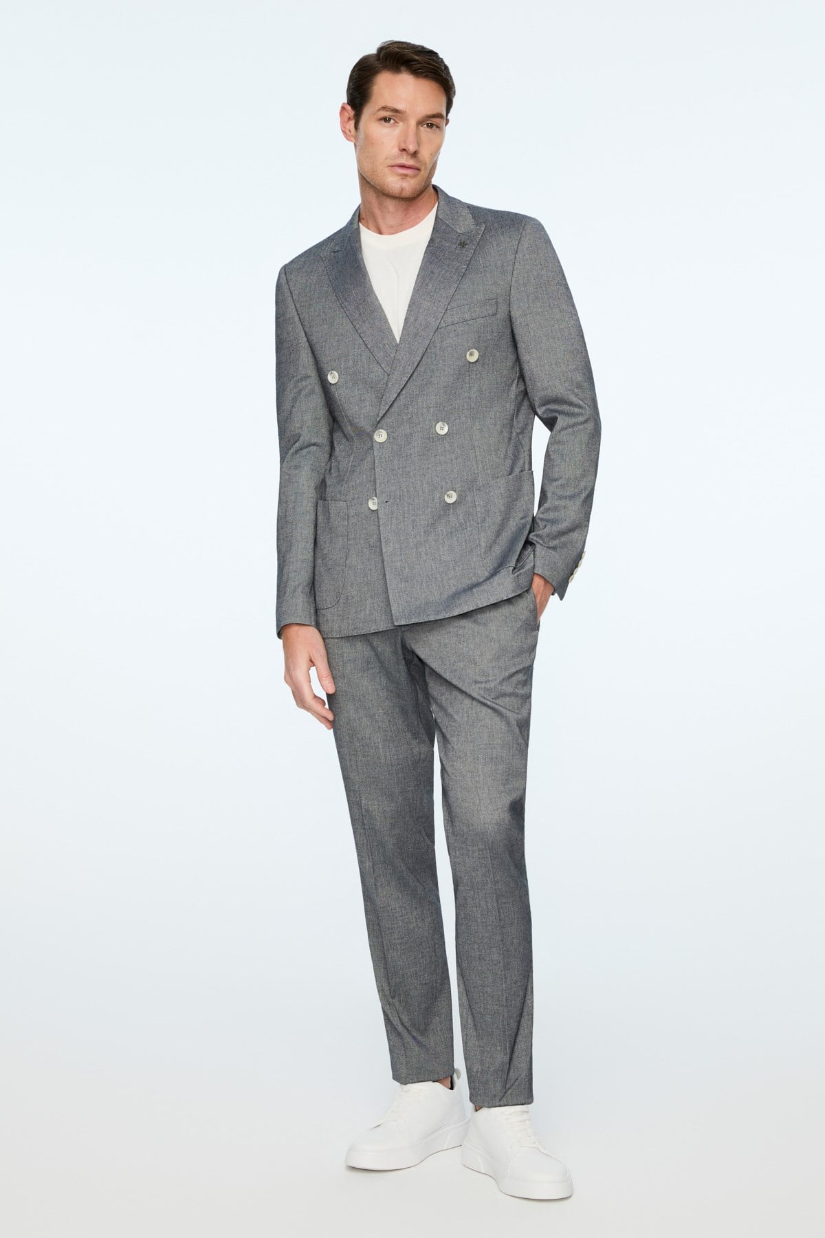Morven Erkek Marine Keten Trend Desenli Slim Fit Sivri Yaka Kruvaze Takım Elbise
