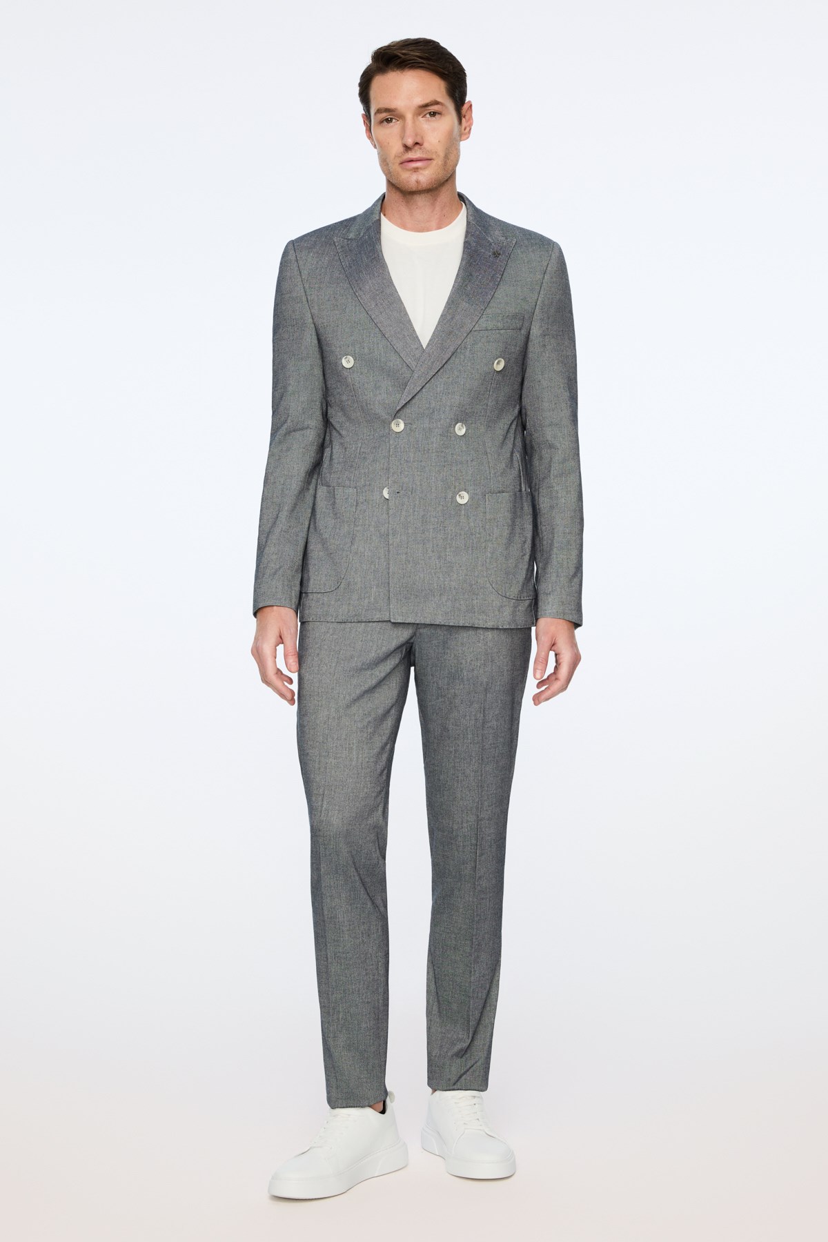 Morven Erkek Marine Keten Trend Desenli Slim Fit Sivri Yaka Kruvaze Takım Elbise