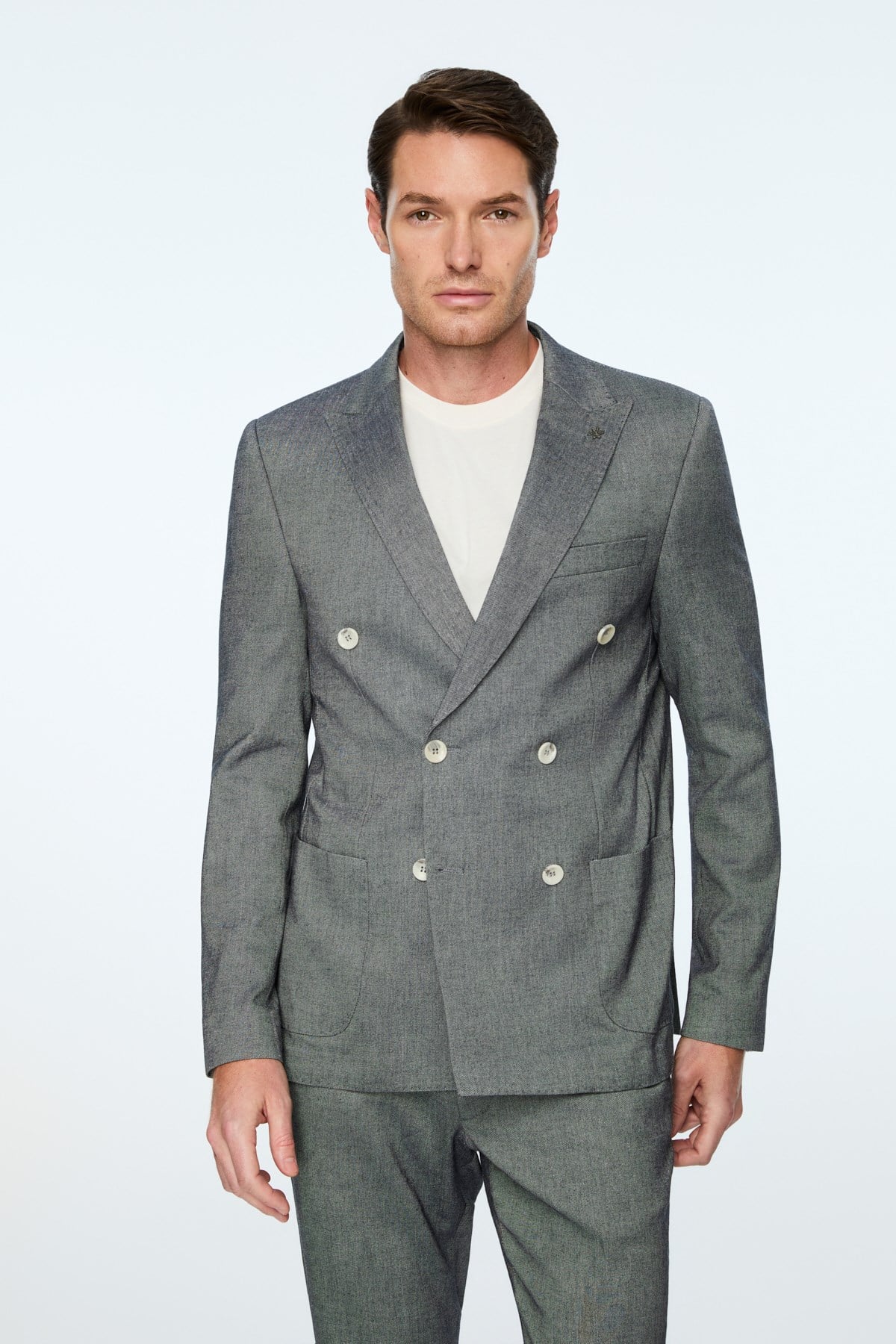 Morven Erkek Marine Keten Trend Desenli Slim Fit Sivri Yaka Kruvaze Takım Elbise