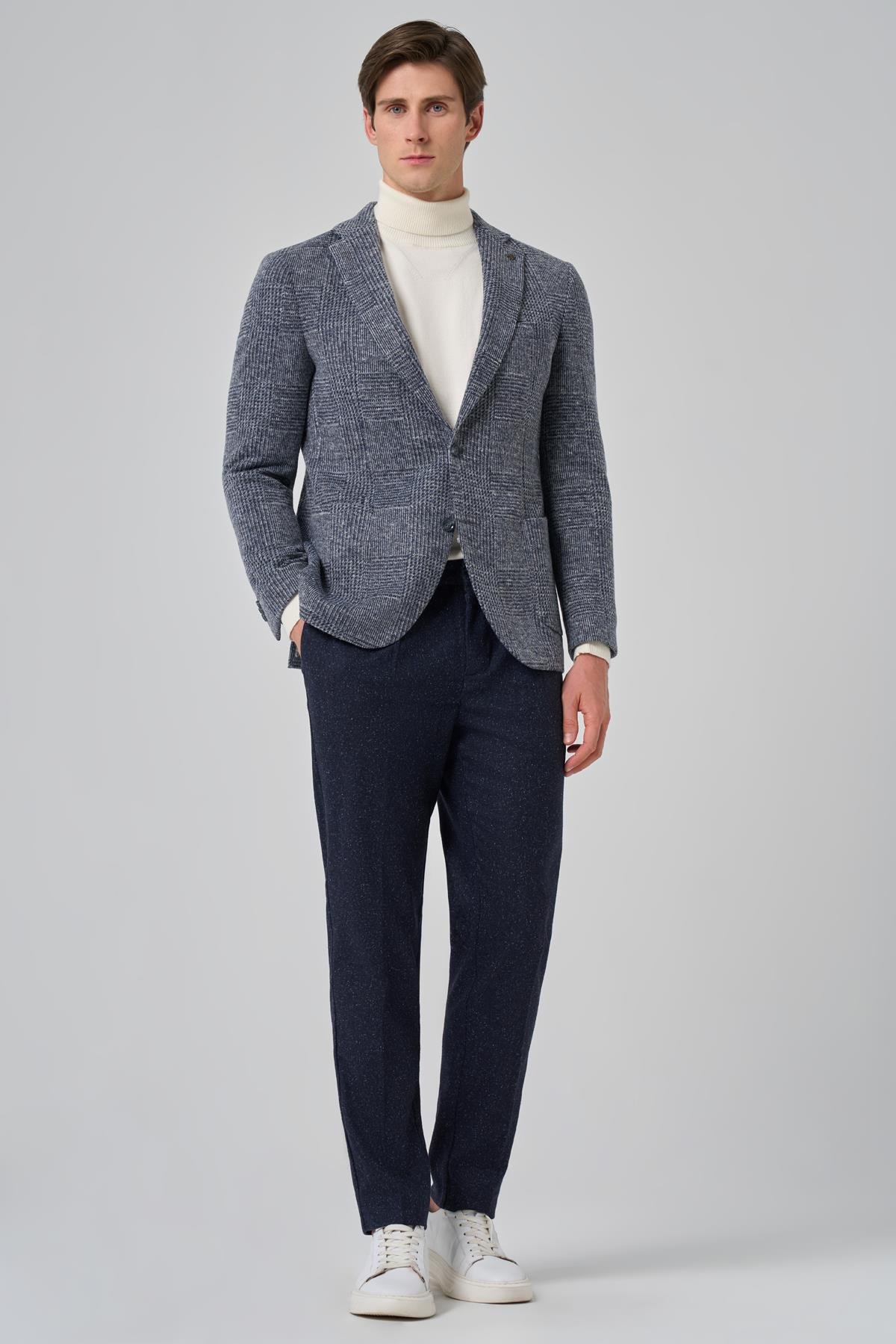 Morven Erkek Marine Örme Trend Ekoseli Slim Fit Mono Yaka Ceket