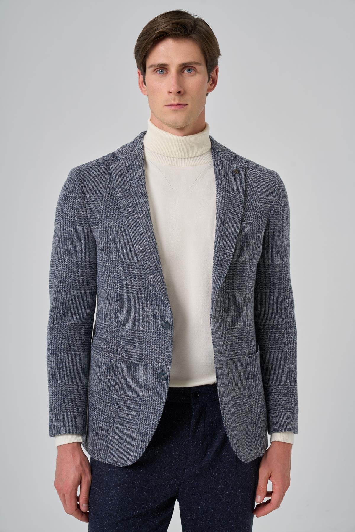 Morven Erkek Marine Örme Trend Ekoseli Slim Fit Mono Yaka Ceket