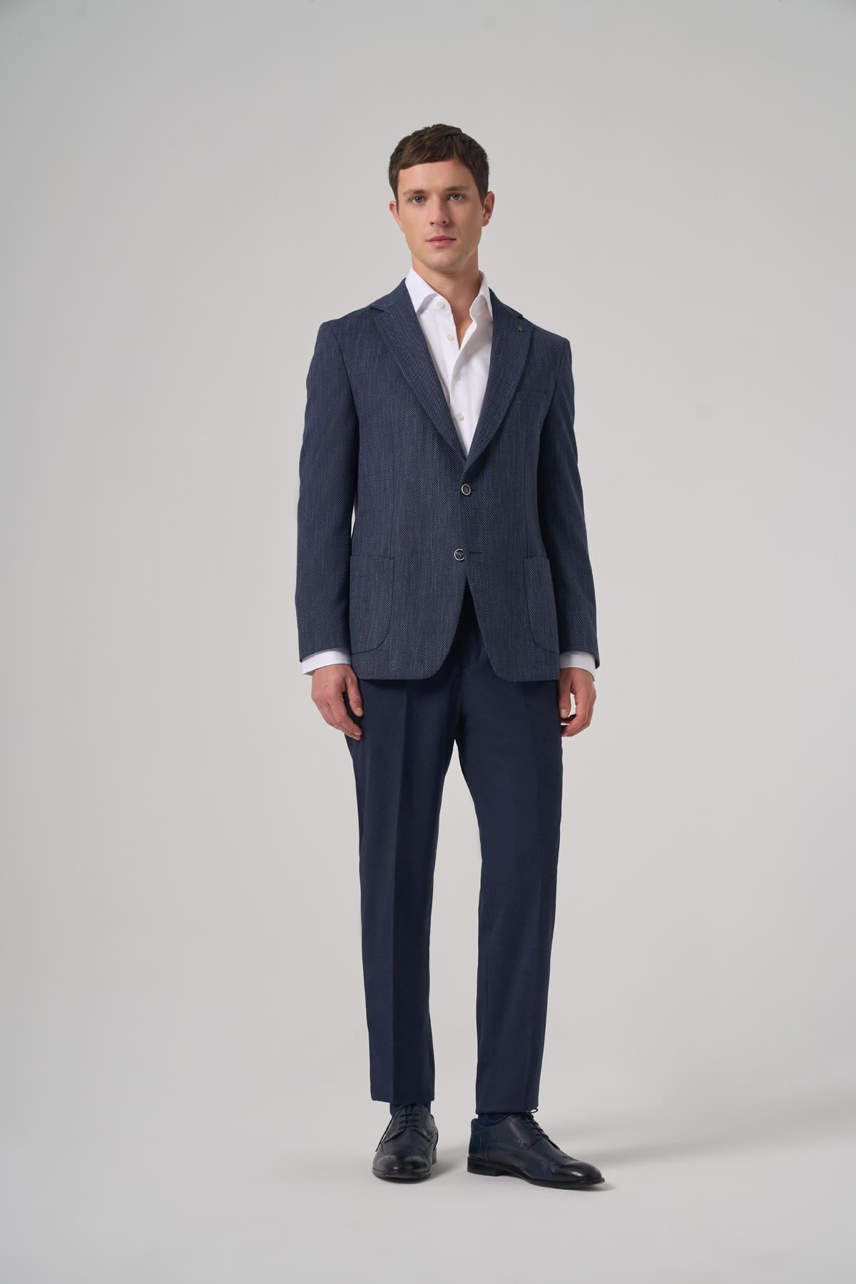Morven Erkek Marine Poliviskon Trend Desenli Dynamic Fit Mono Yaka Ceket