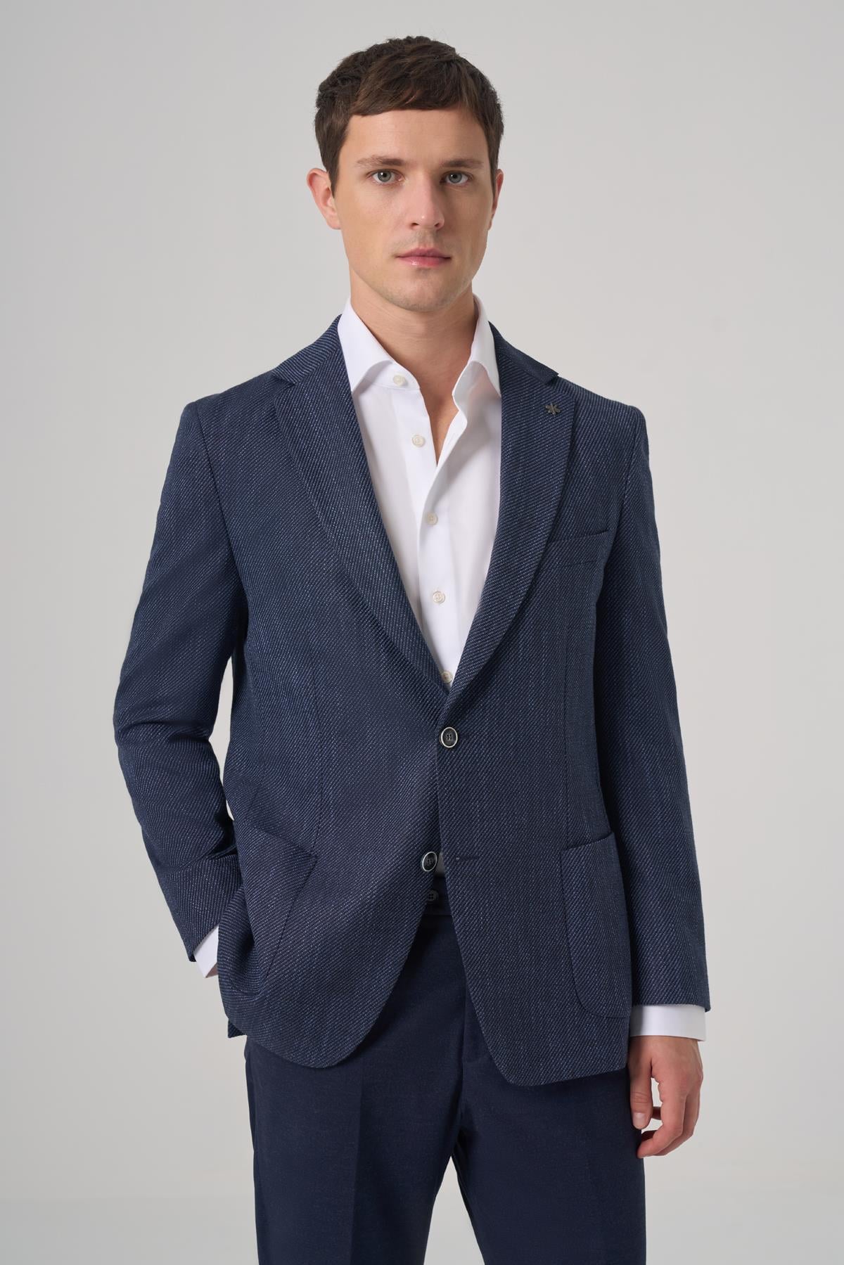 Morven Erkek Marine Poliviskon Trend Desenli Dynamic Fit Mono Yaka Ceket