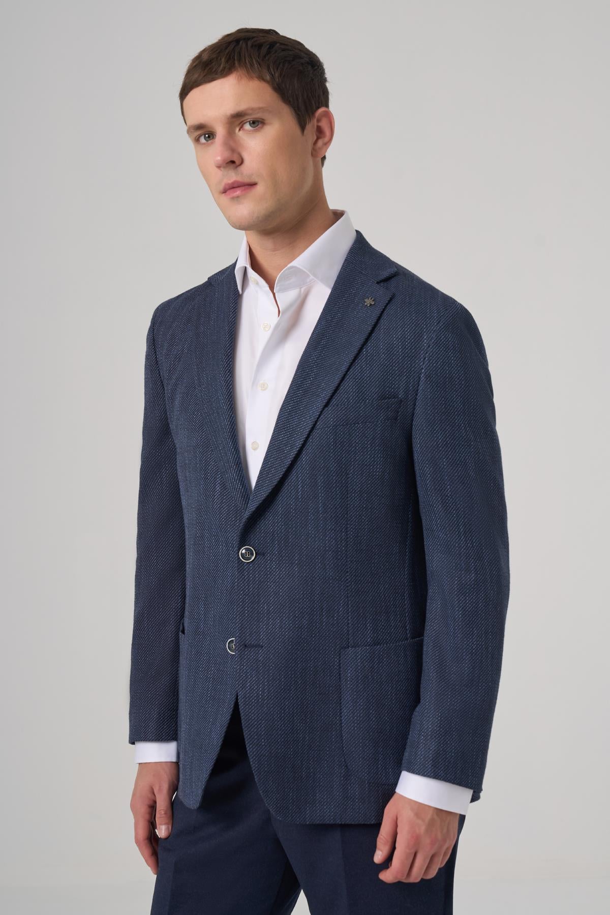 Morven Erkek Marine Poliviskon Trend Desenli Dynamic Fit Mono Yaka Ceket