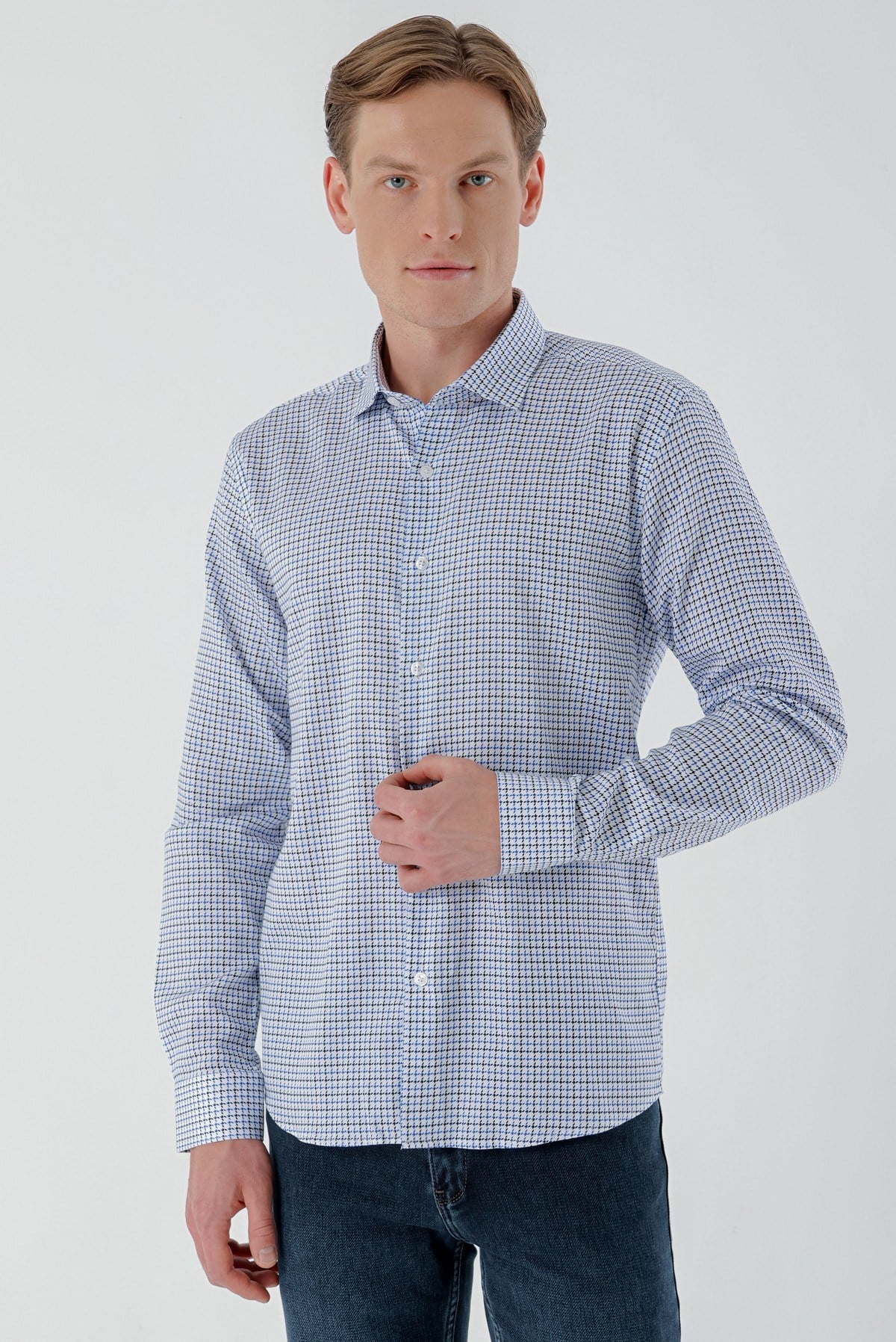 Morven Erkek Mavi B.Gabardin Pamuk Desenli Slim Fit Gömlek