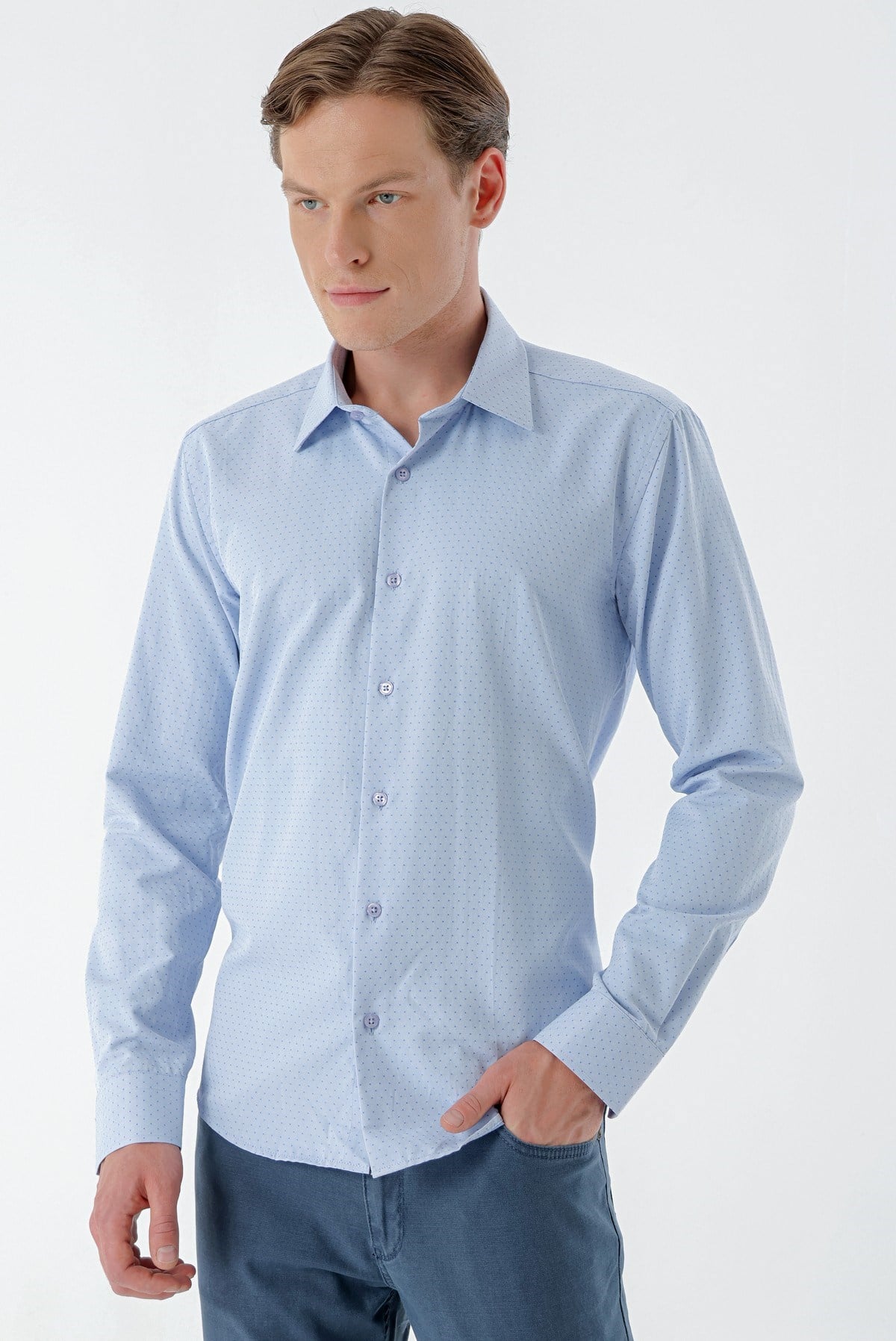 Morven Erkek Mavi Dobby Armür Slim Fit Gömlek