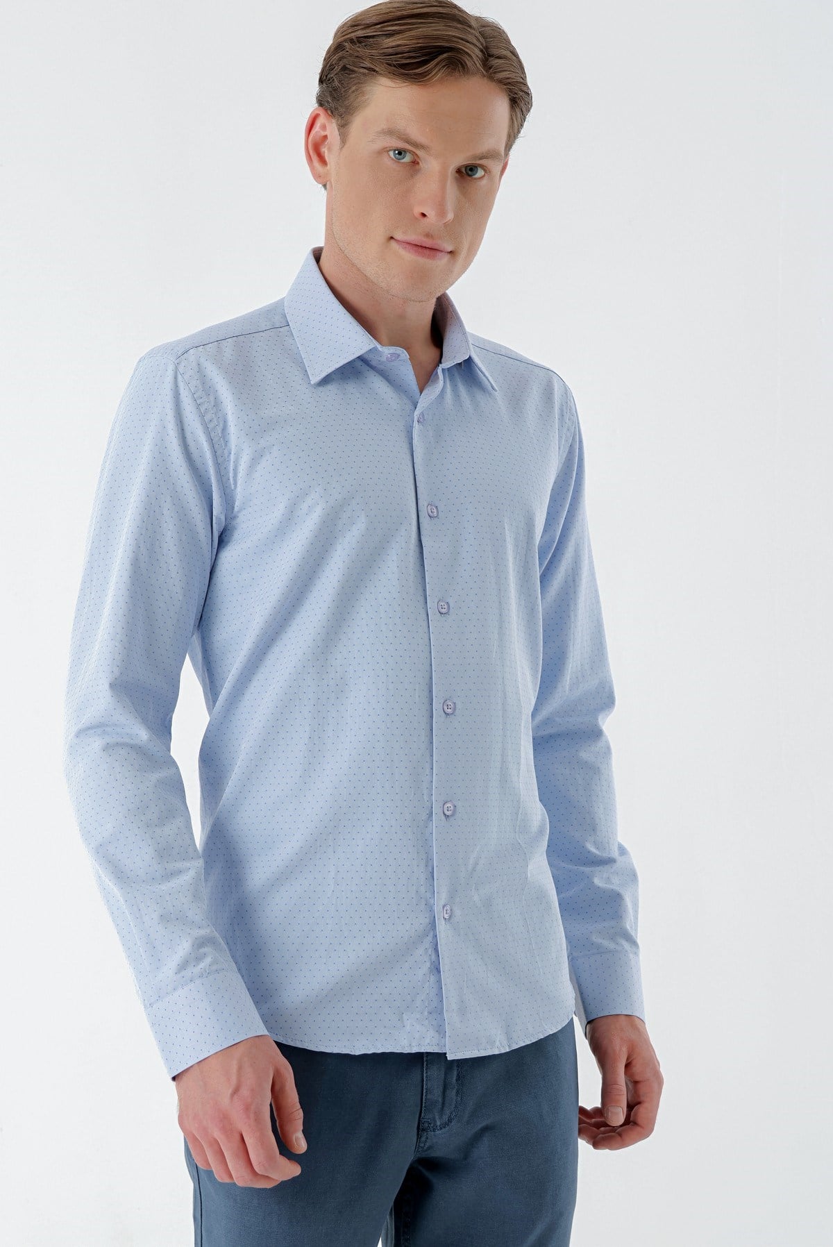Morven Erkek Mavi Dobby Armür Slim Fit Gömlek