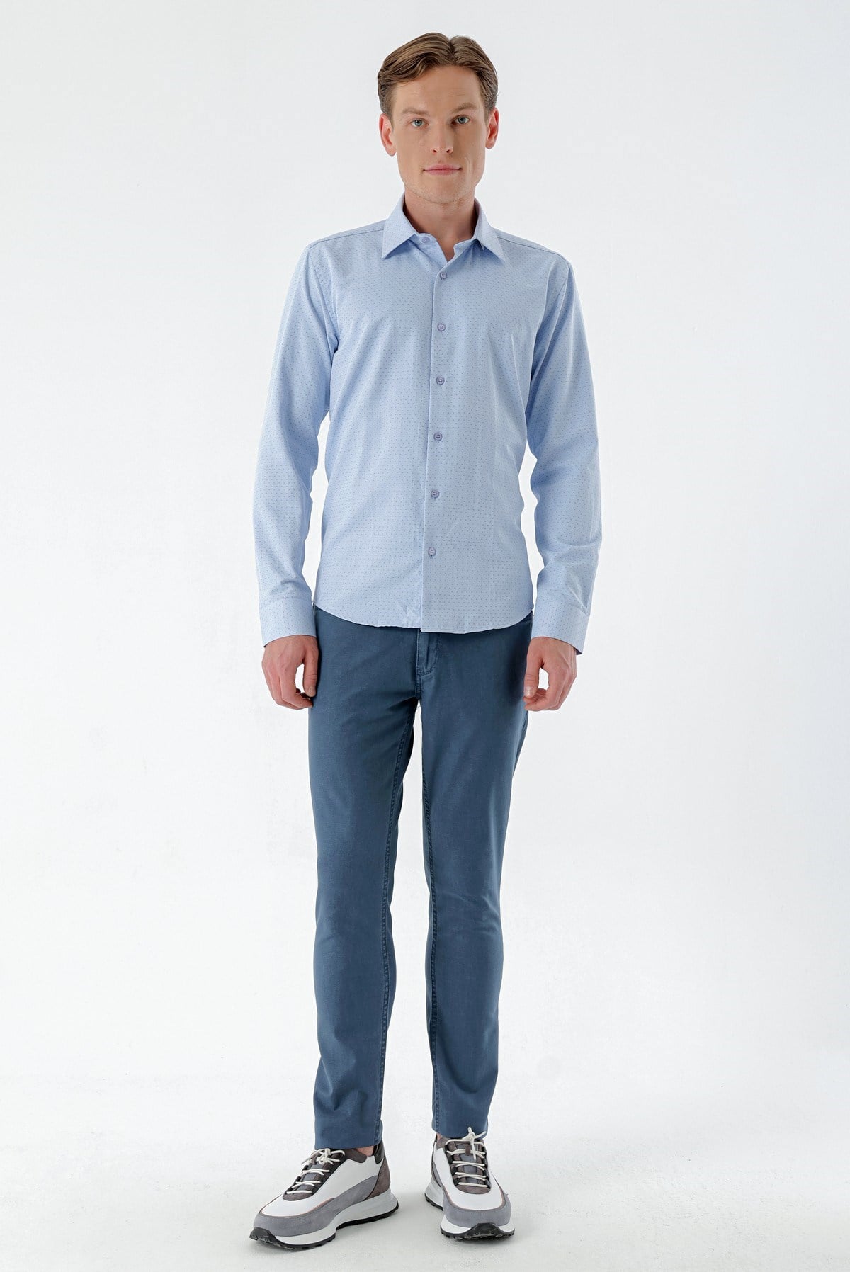 Morven Erkek Mavi Dobby Armür Slim Fit Gömlek