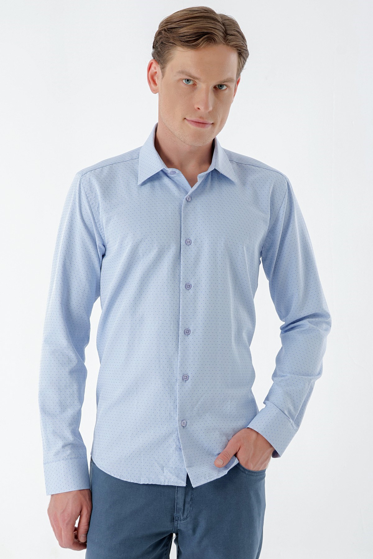 Morven Erkek Mavi Dobby Armür Slim Fit Gömlek